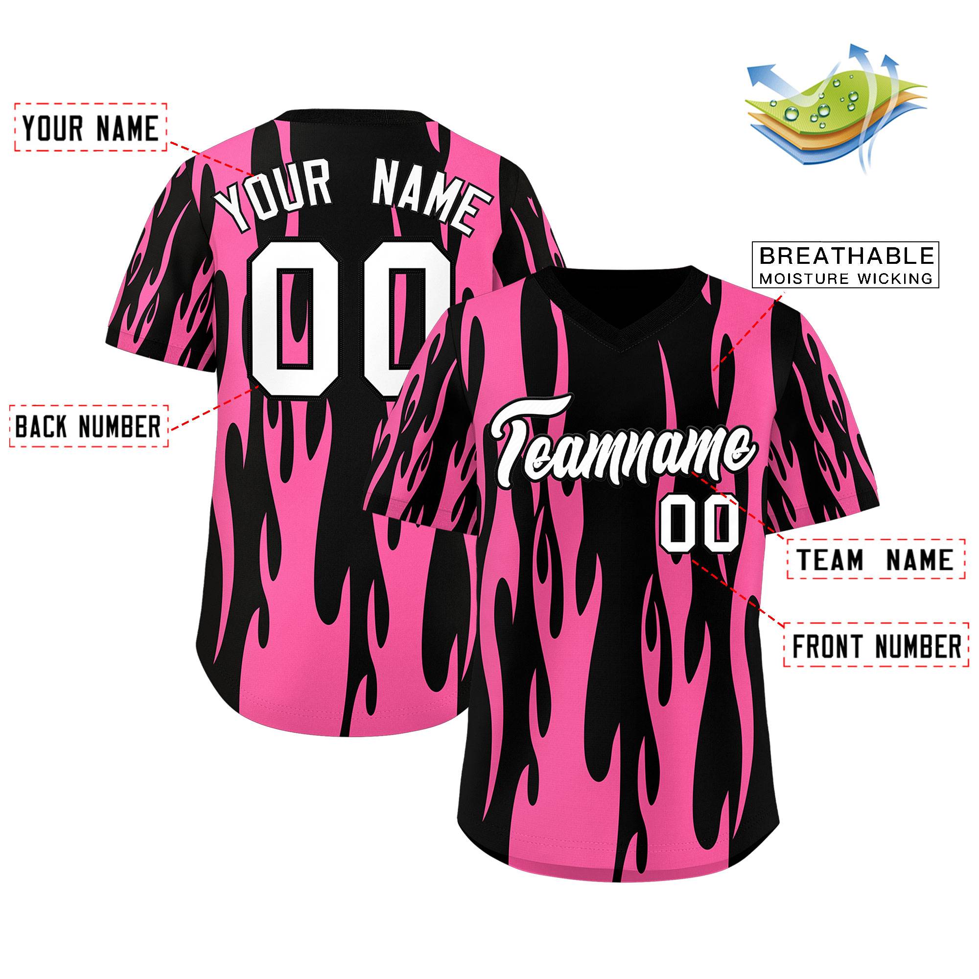 Custom Black Pink Flame Pattern Authentic Pullover Baseball Jersey