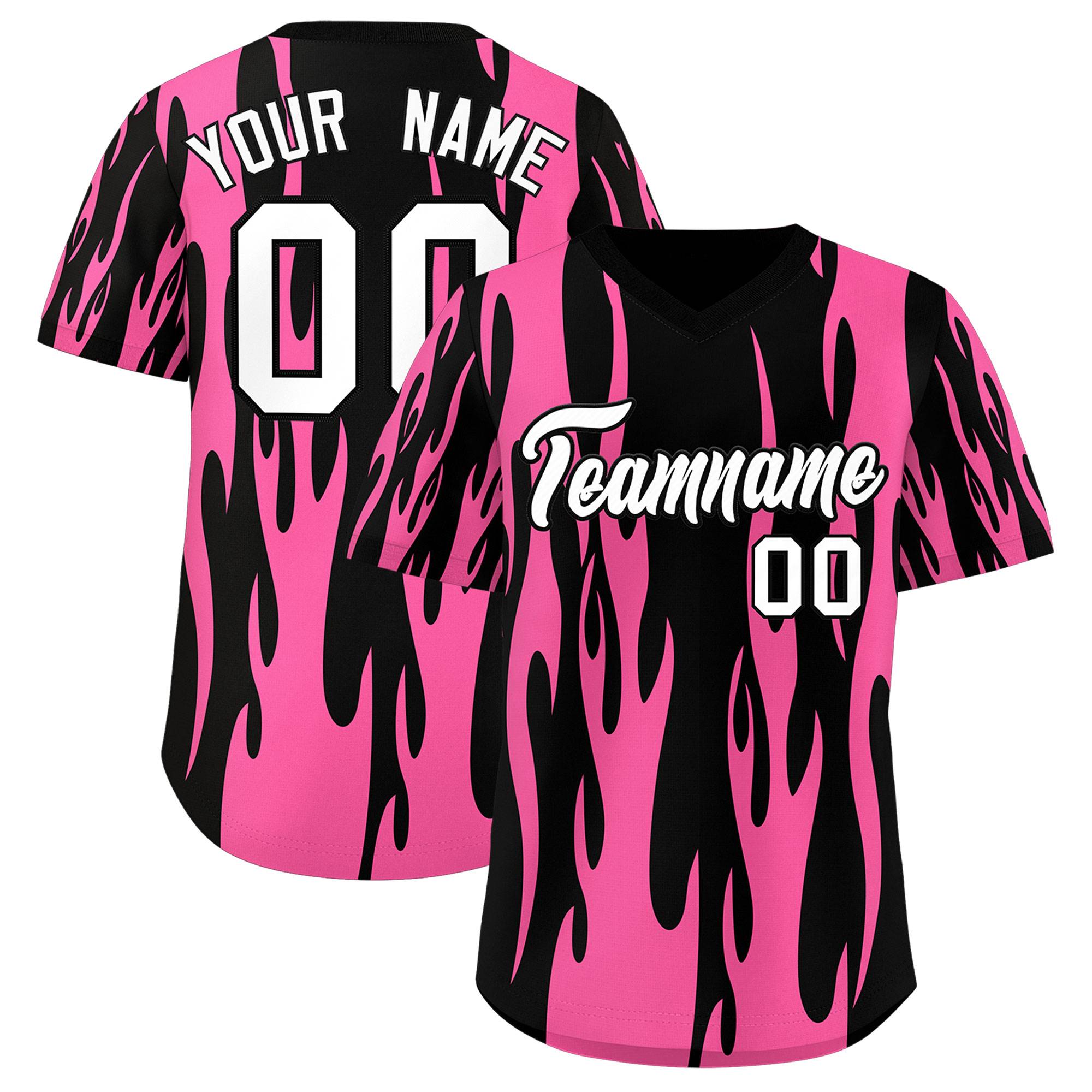 Custom Black Pink Flame Pattern Authentic Pullover Baseball Jersey