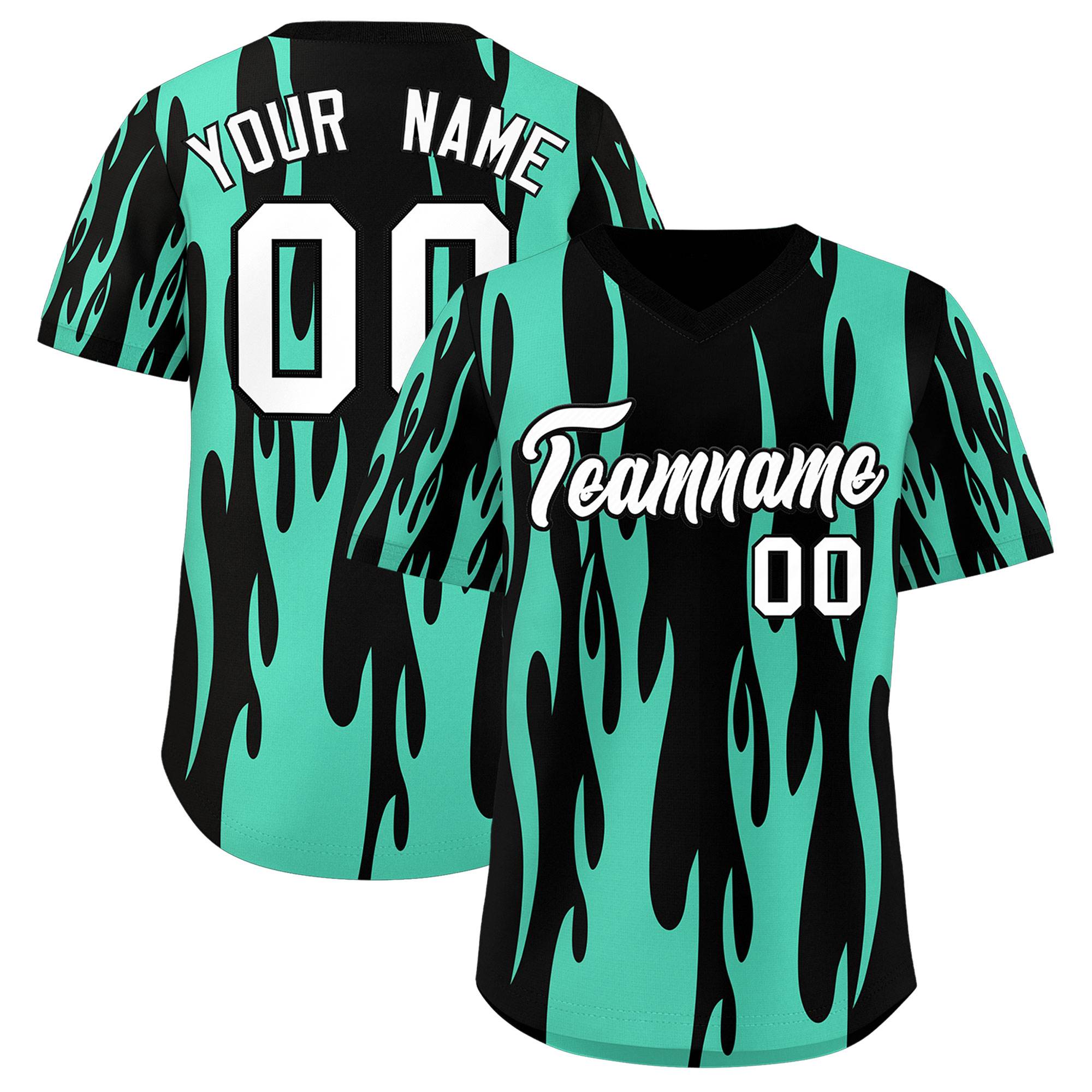 Custom Black Bright Green Flame Pattern Authentic Pullover Baseball Jersey