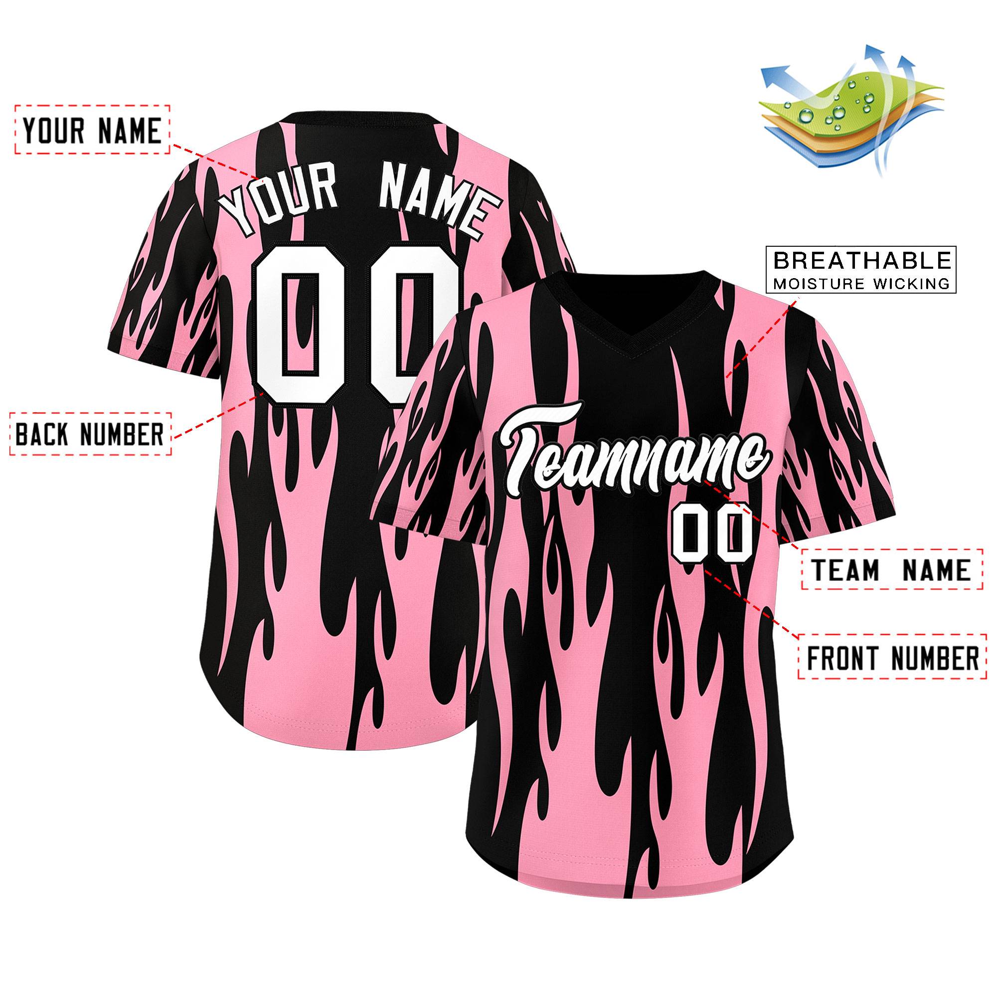 Custom Black Light Pink Flame Pattern Authentic Pullover Baseball Jersey