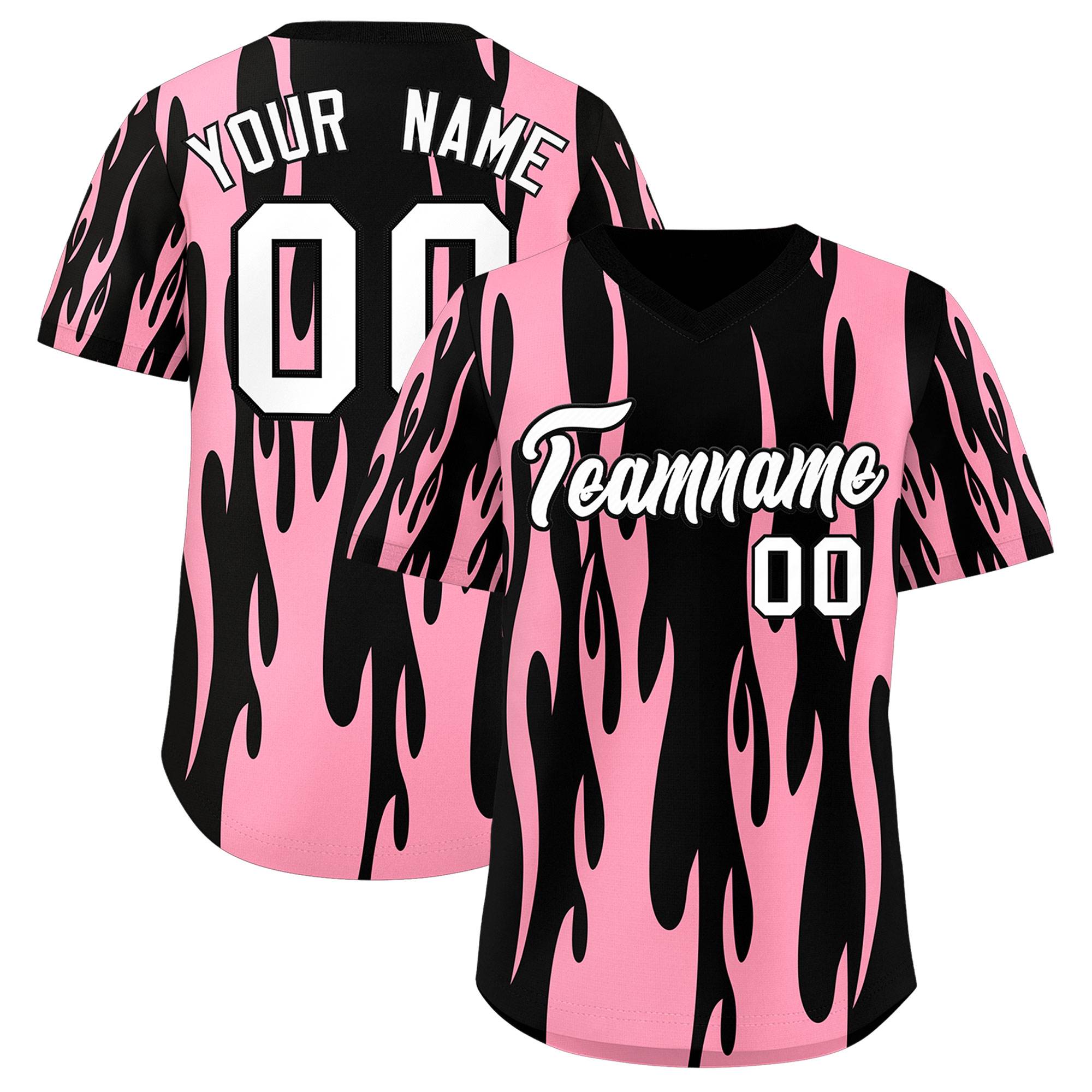 Custom Black Light Pink Flame Pattern Authentic Pullover Baseball Jersey