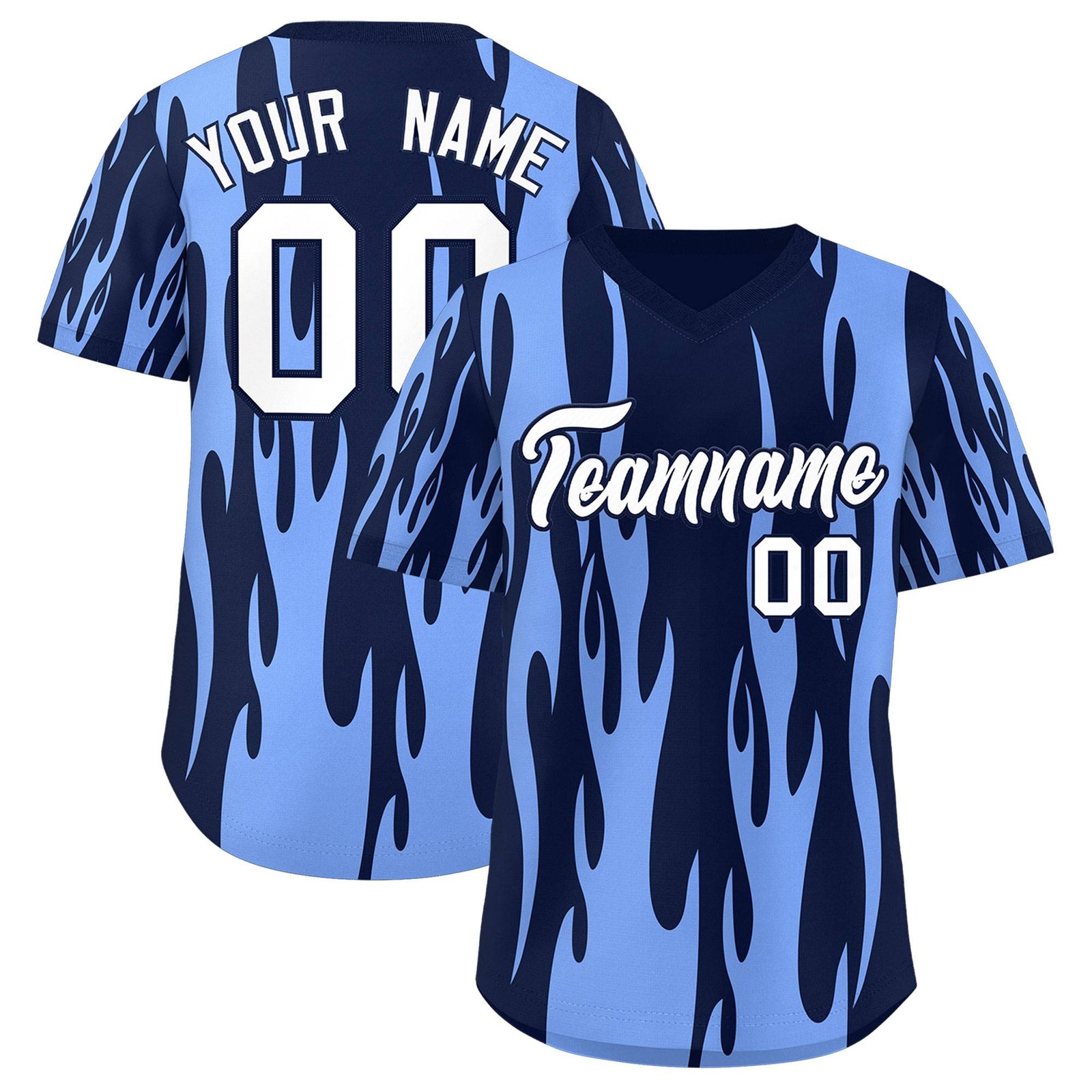 Custom Navy Light Blue Flame Pattern Authentic Pullover Baseball Jersey