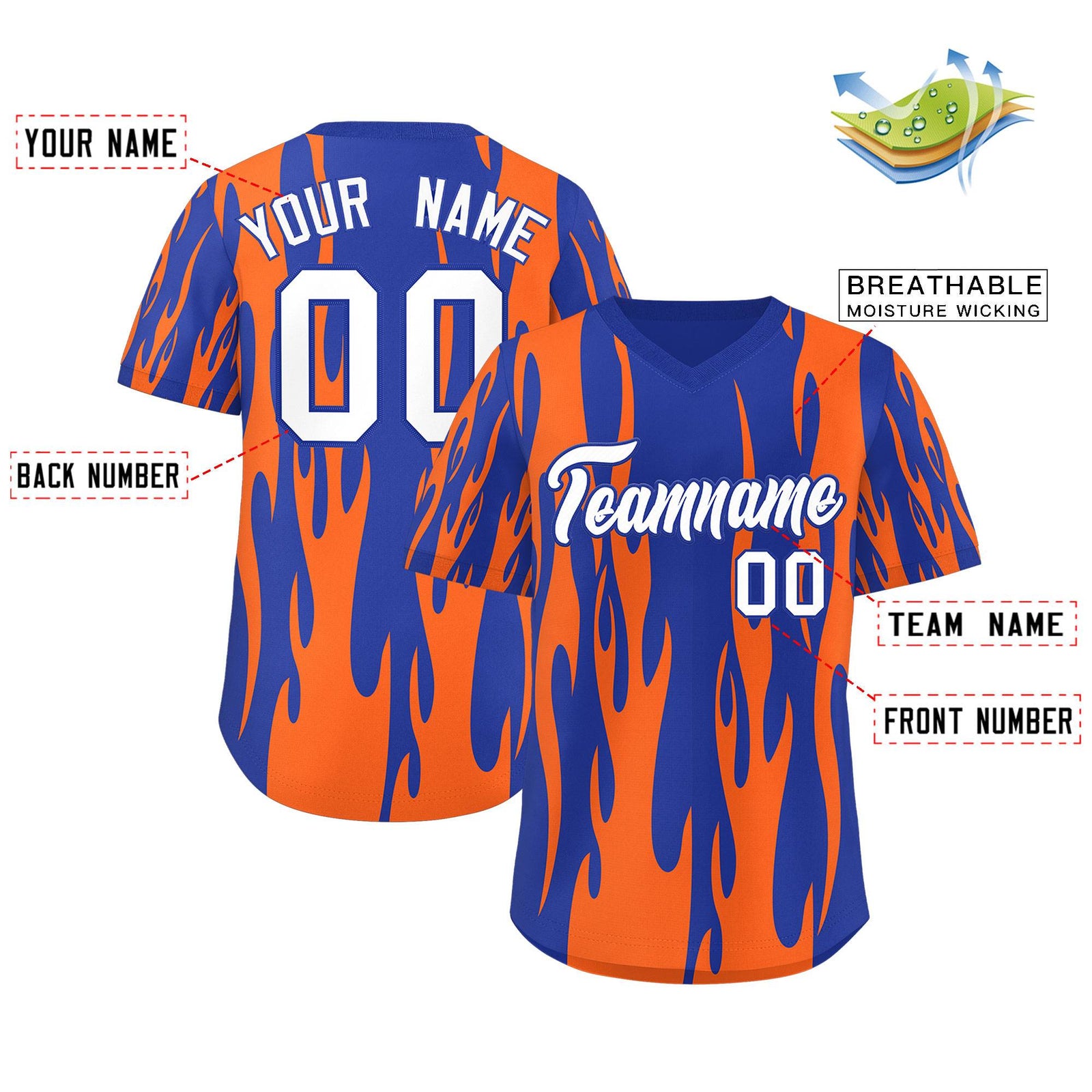 Custom Royal Orange Flame Pattern Authentic Pullover Baseball Jersey