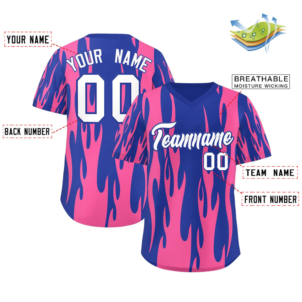 Custom Royal Pink Flame Pattern Authentic Pullover Baseball Jersey