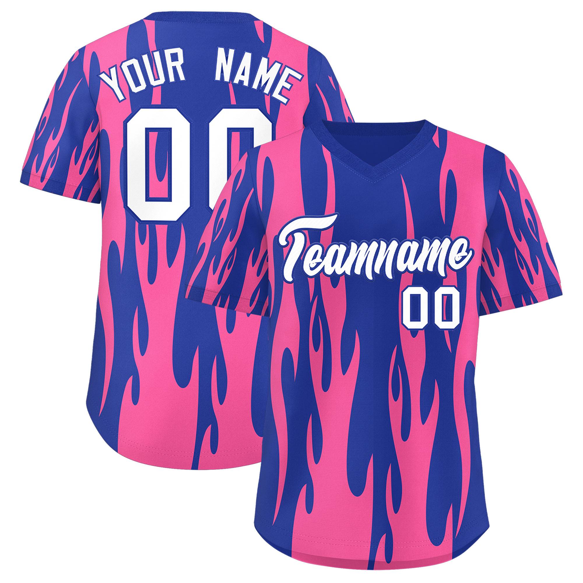 Custom Royal Pink Flame Pattern Authentic Pullover Baseball Jersey