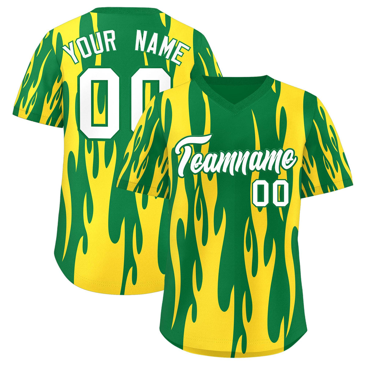Custom Kelly Green Gold Flame Pattern Authentic Pullover Baseball Jersey