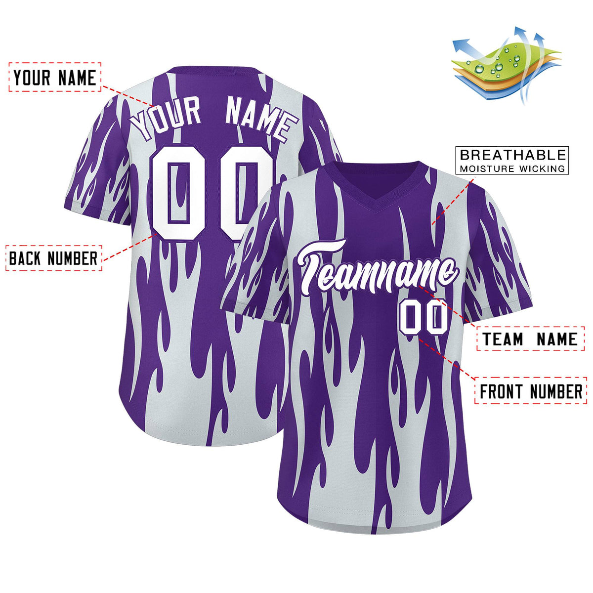 Custom Purple Silver Flame Pattern Authentic Pullover Baseball Jersey