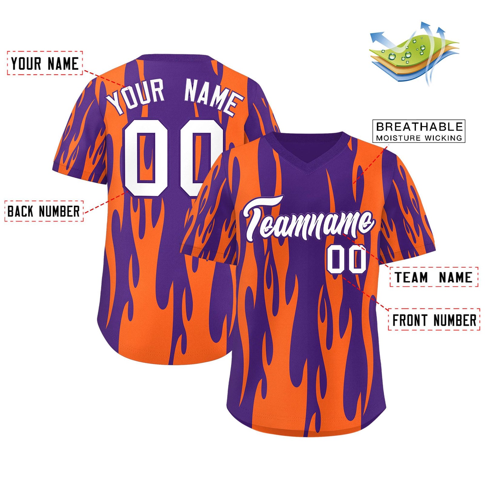 Custom Purple Orange Flame Pattern Authentic Pullover Baseball Jersey
