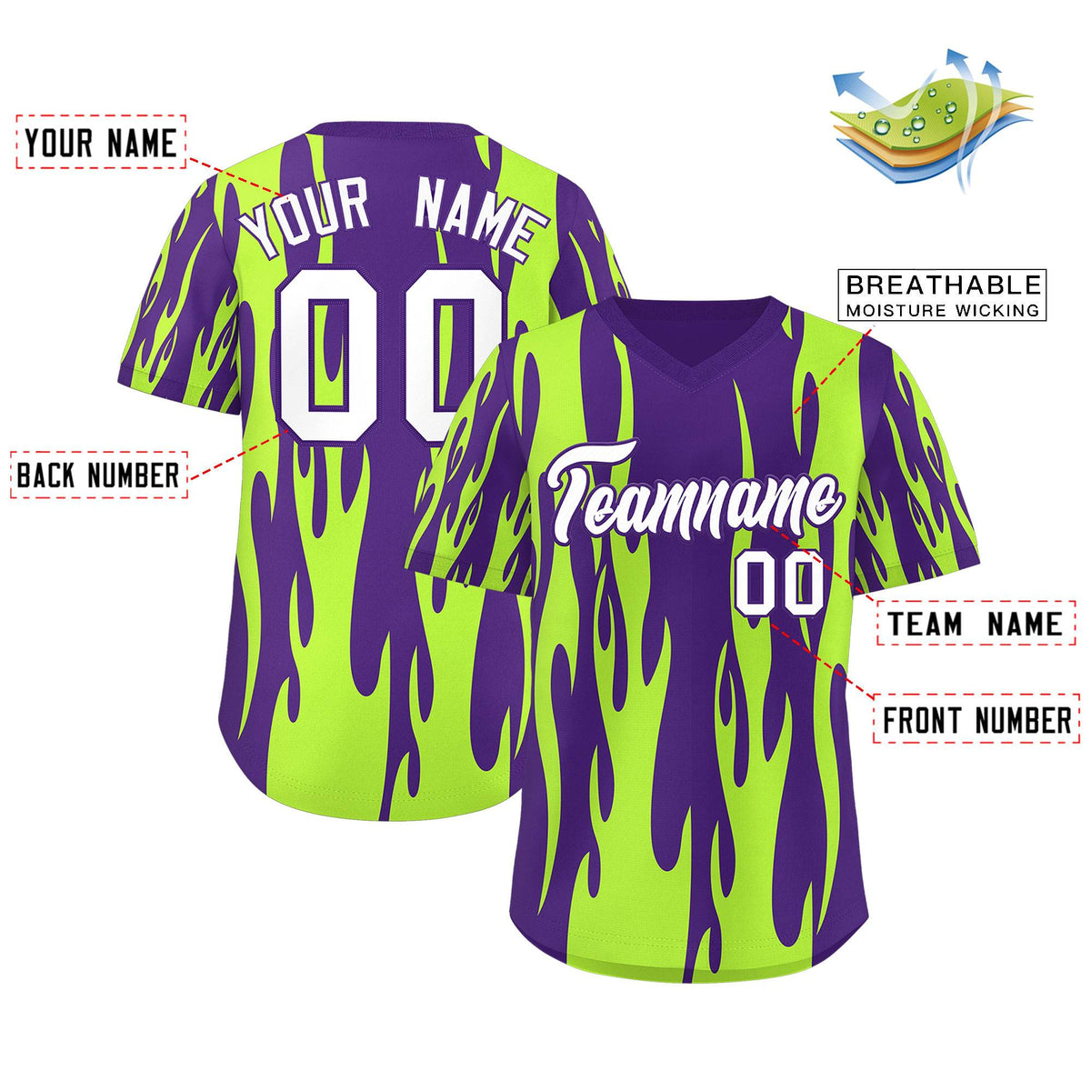 Custom Purple Neon Green Flame Pattern Authentic Pullover Baseball Jersey