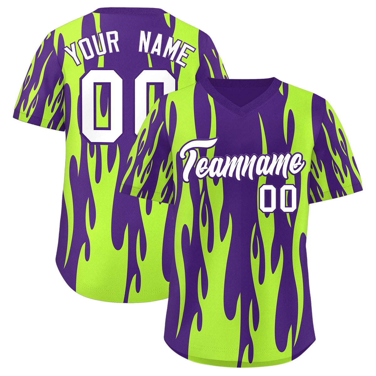 Custom Purple Neon Green Flame Pattern Authentic Pullover Baseball Jersey