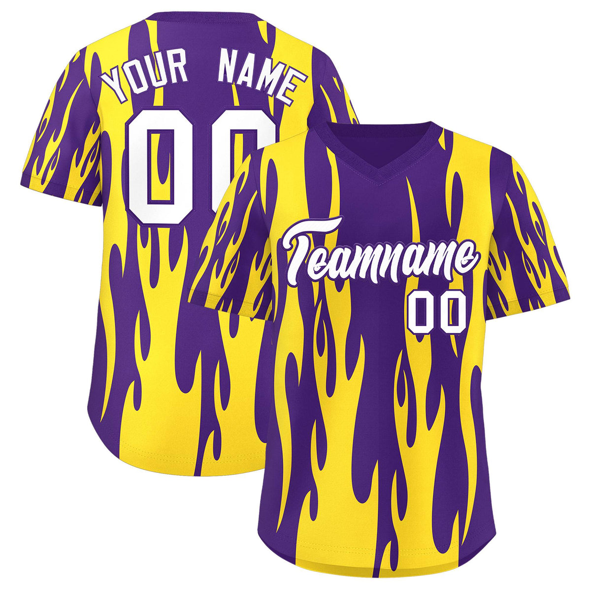 Custom Purple Gold Flame Pattern Authentic Pullover Baseball Jersey