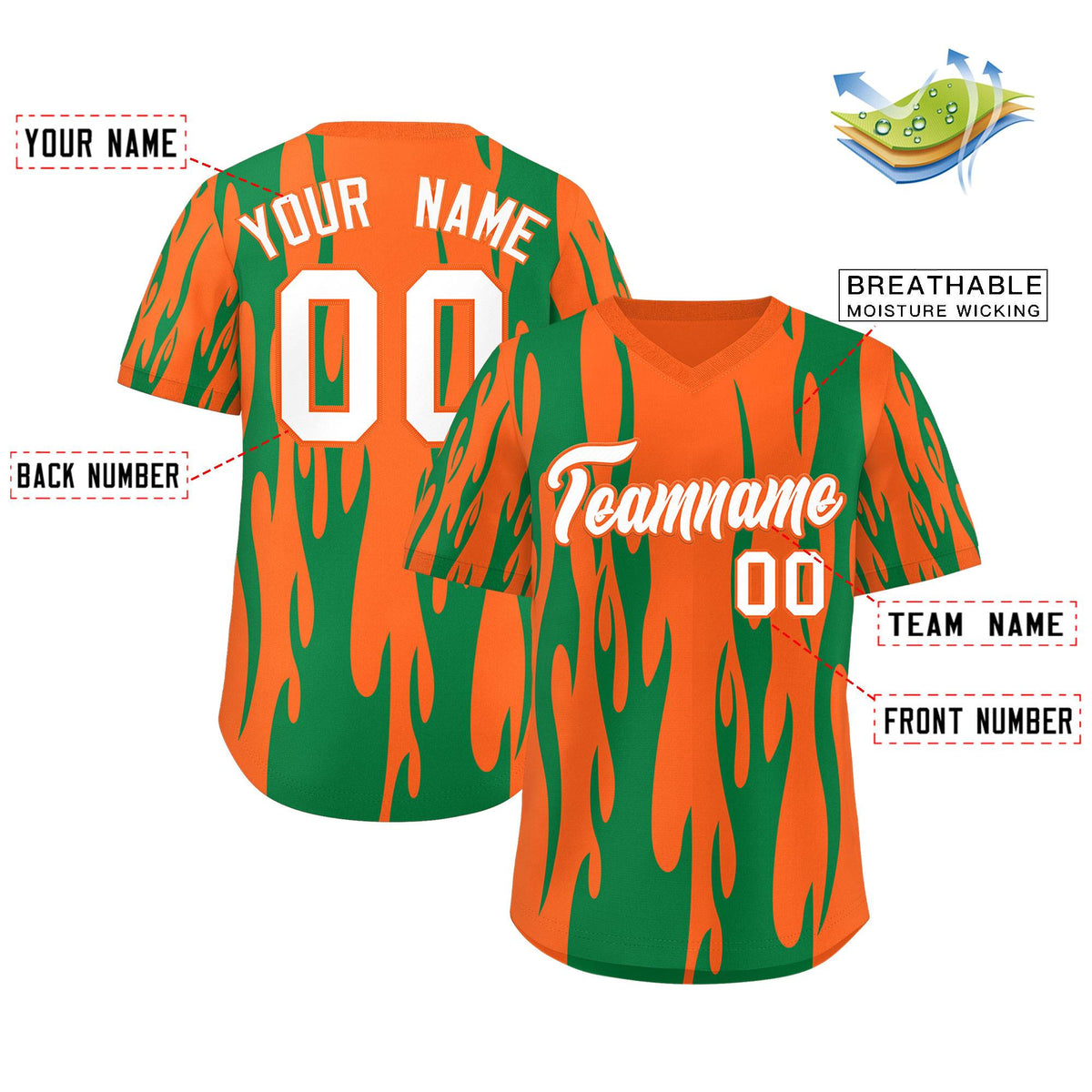 Custom Orange Kelly Green Flame Pattern Authentic Pullover Baseball Jersey