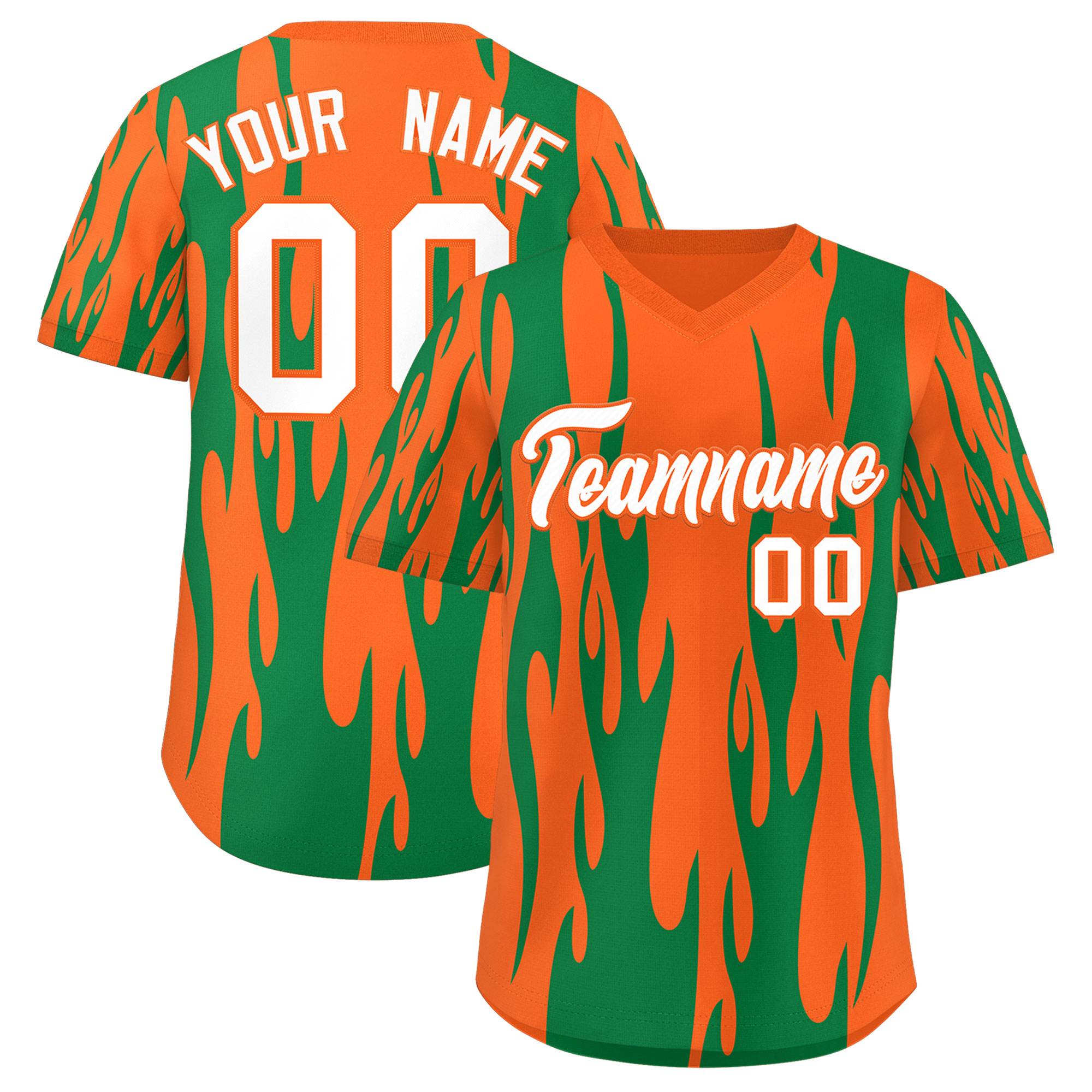 Custom Orange Kelly Green Flame Pattern Authentic Pullover Baseball Jersey
