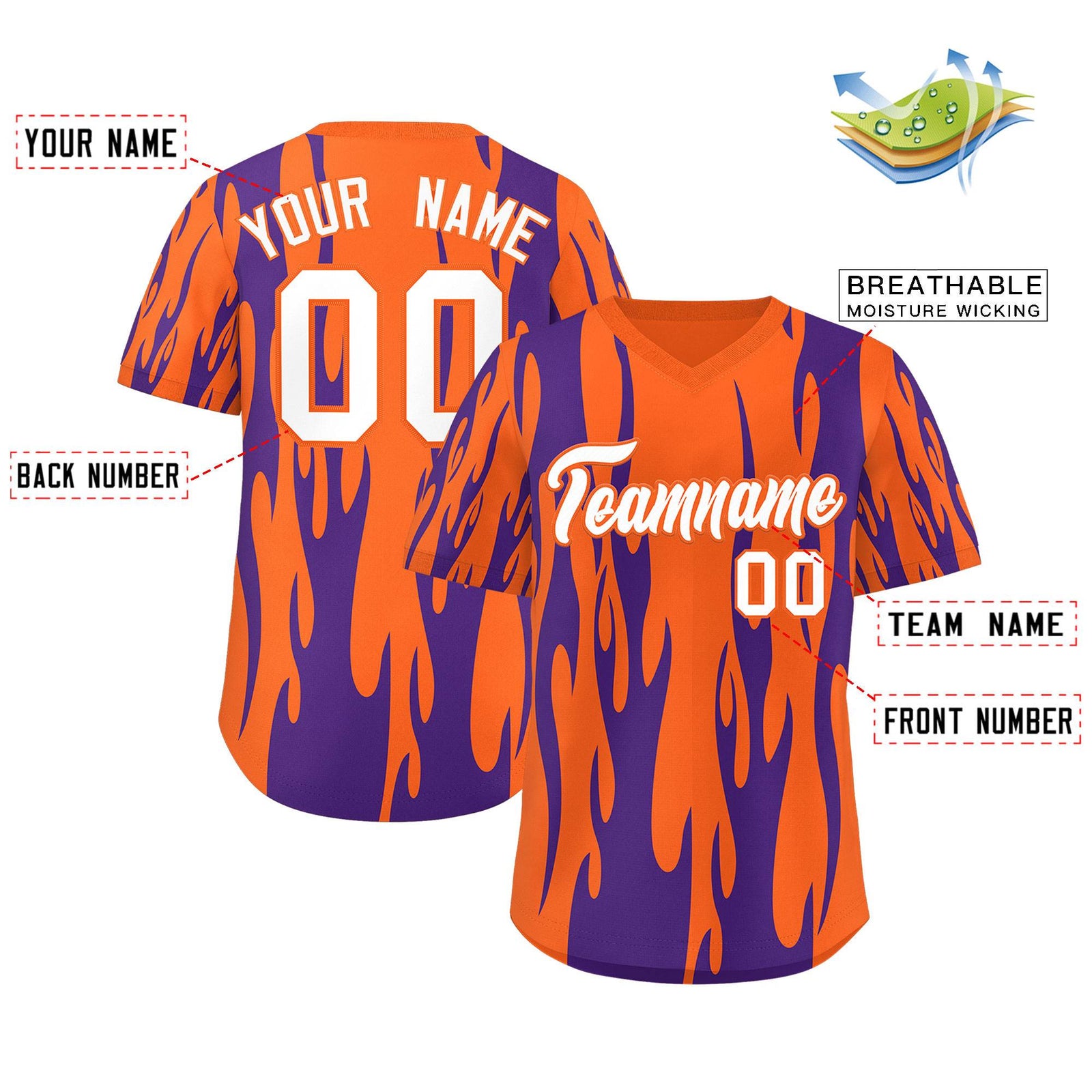 Custom Orange Purple Flame Pattern Authentic Pullover Baseball Jersey