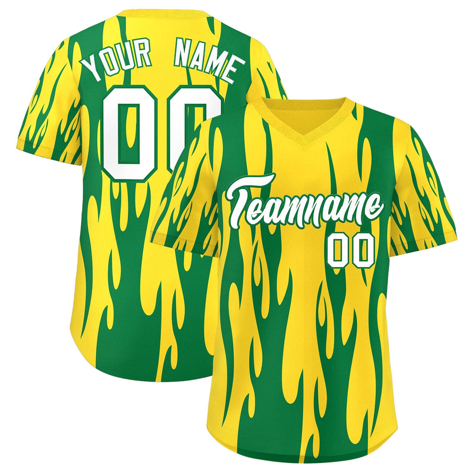 Custom Gold Kelly Green Flame Pattern Authentic Pullover Baseball Jersey
