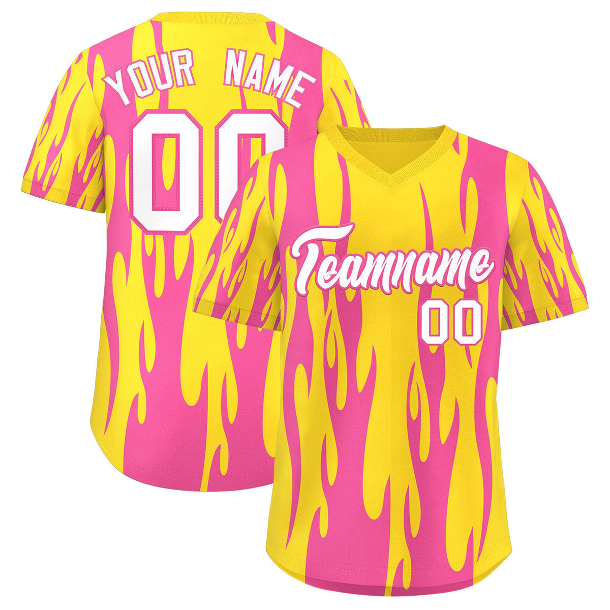 Custom Gold Pink Flame Pattern Authentic Pullover Baseball Jersey
