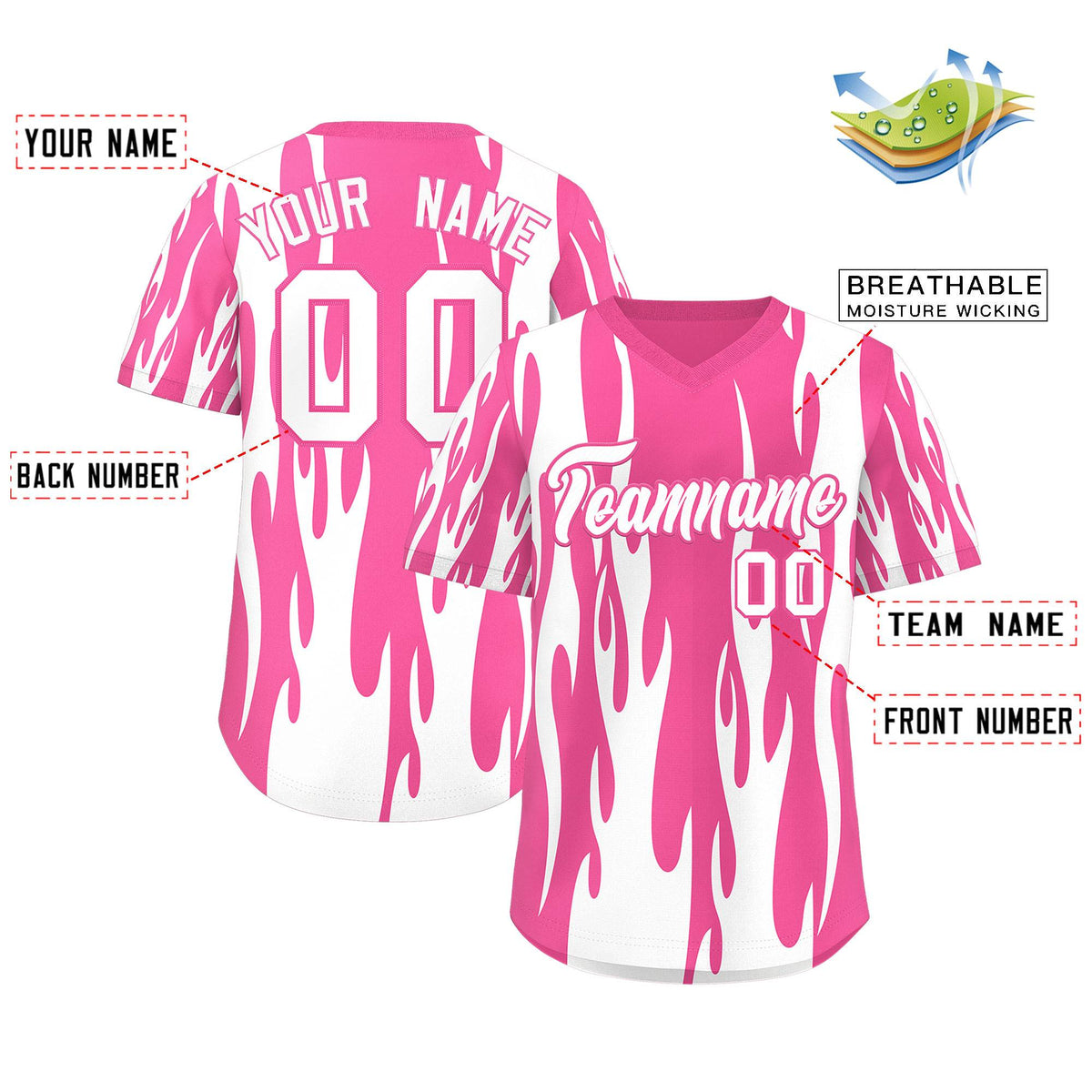 Custom Pink White Flame Pattern Authentic Pullover Baseball Jersey