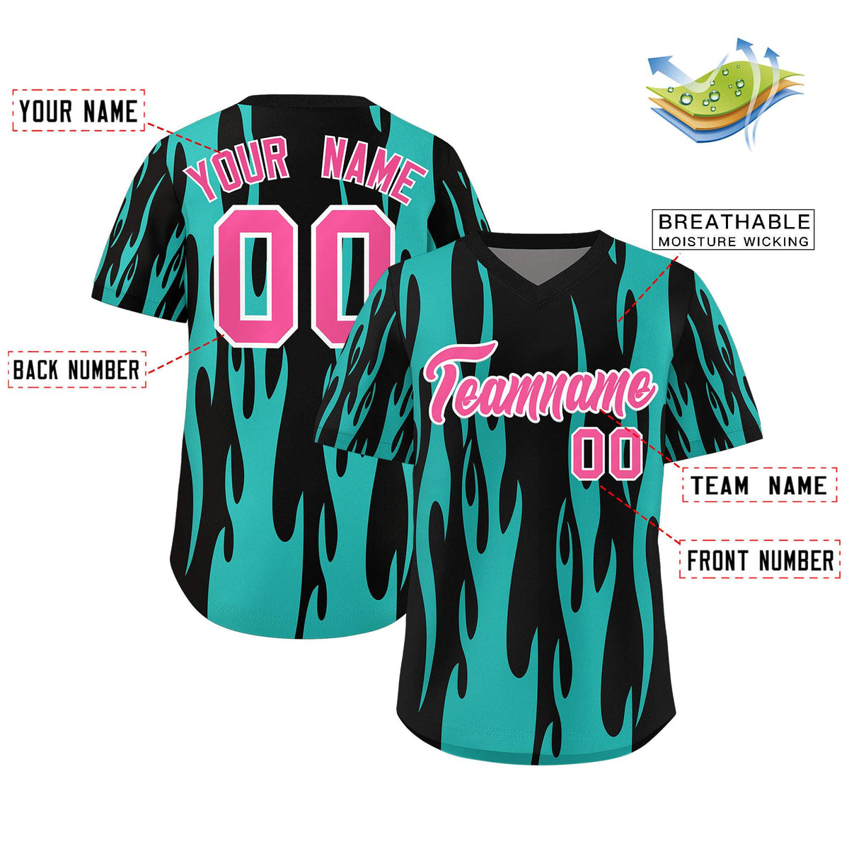 Custom Black Aqua Flame Pattern Authentic Pullover Baseball Jersey