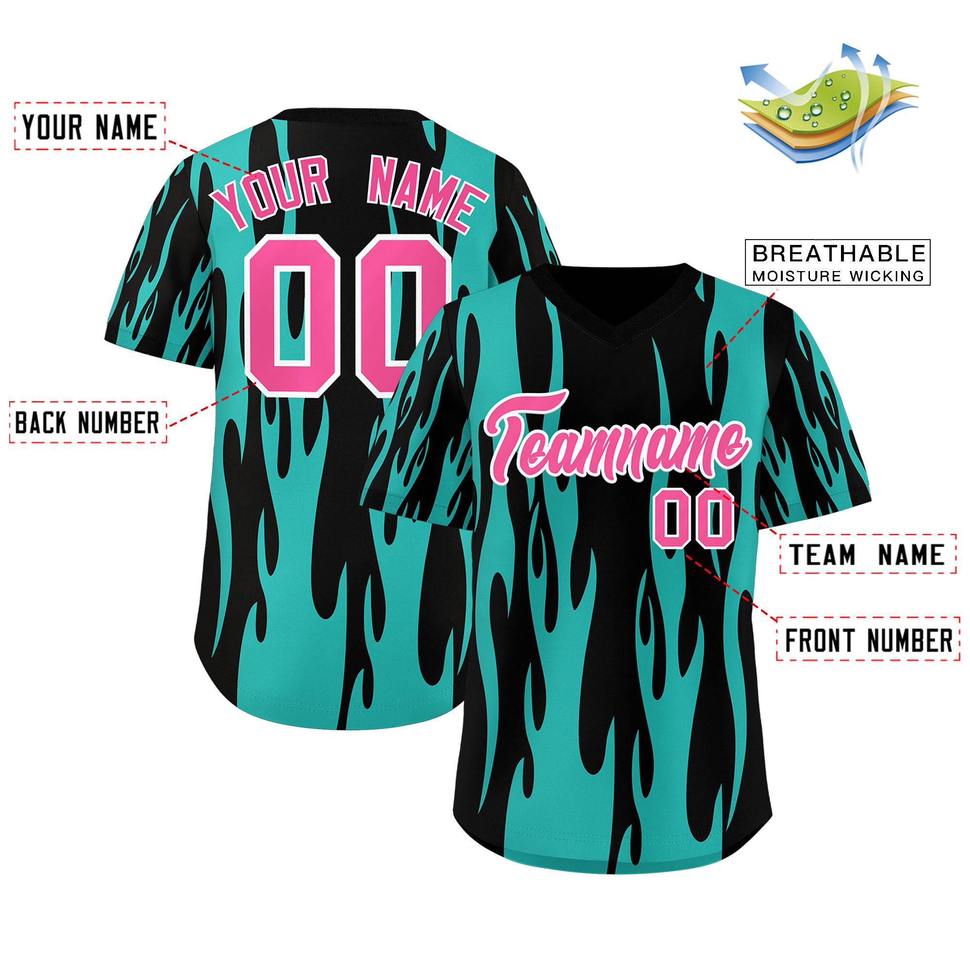 Custom Black Aqua Flame Pattern Authentic Pullover Baseball Jersey