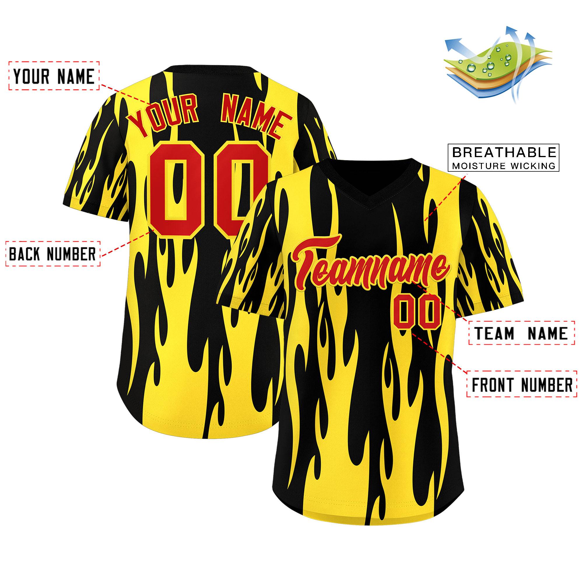 Custom Black Gold Flame Pattern Authentic Pullover Baseball Jersey