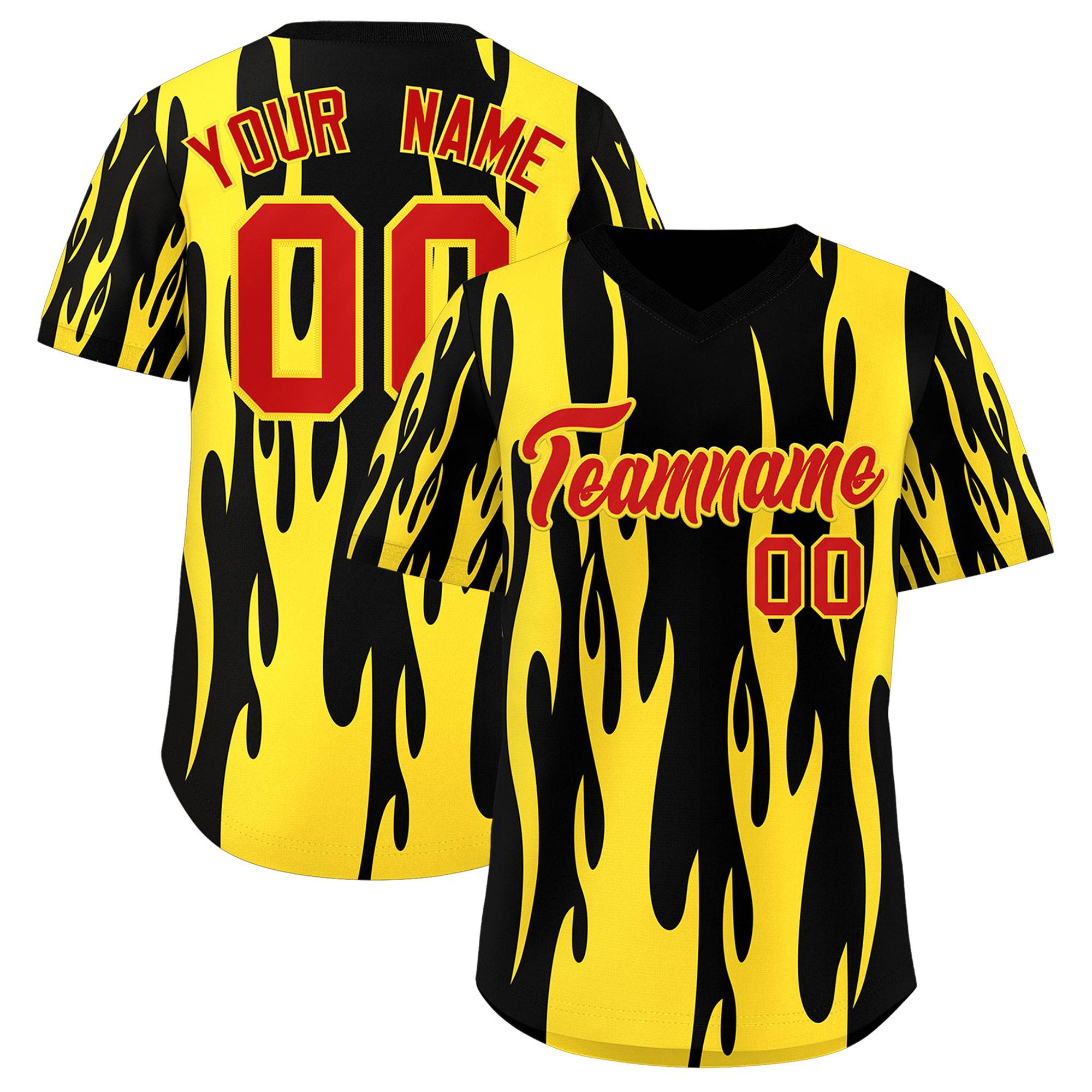 Custom Black Gold Flame Pattern Authentic Pullover Baseball Jersey