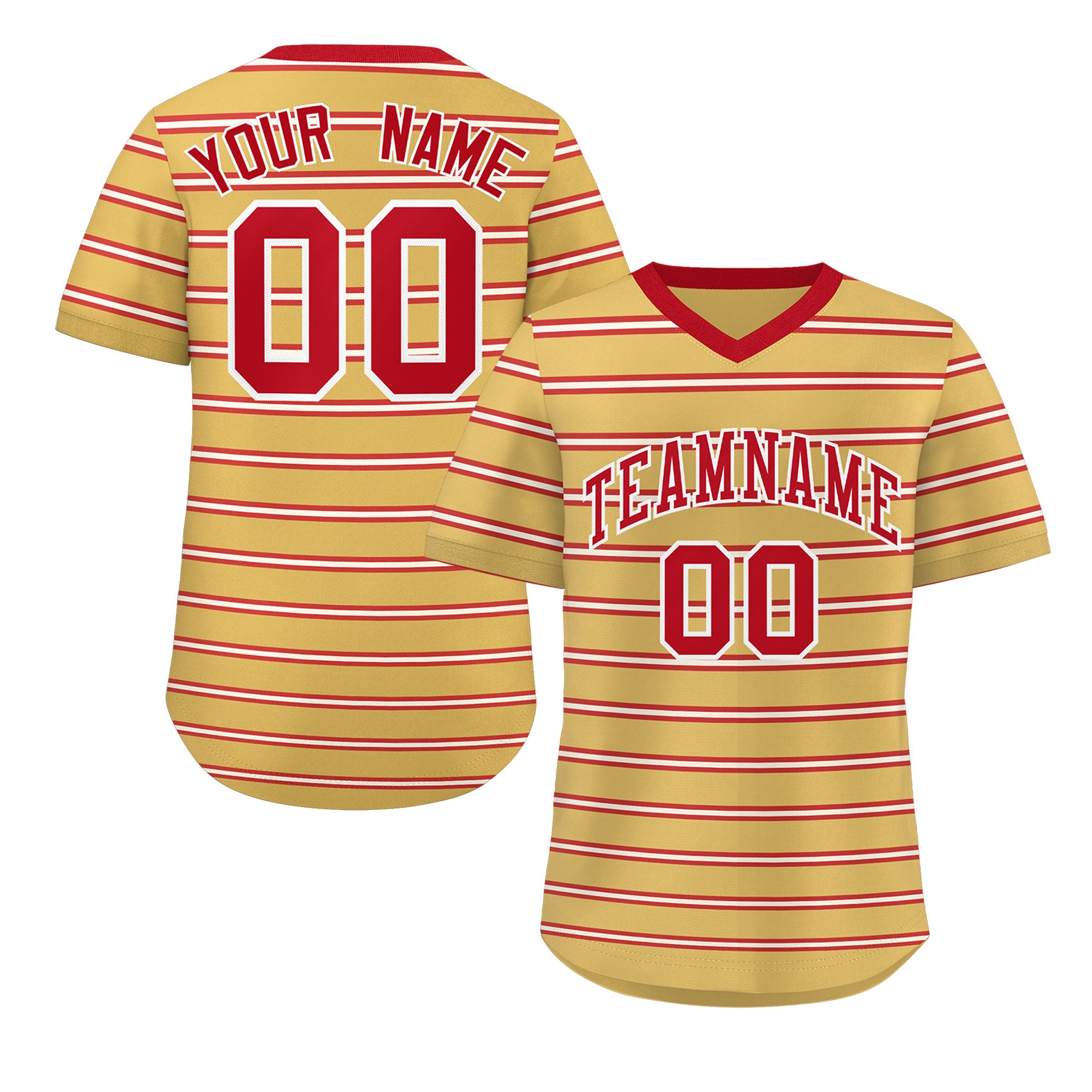 Custom Old Gold Red-White Personalized Horizontal Stripe Authentic Pullover Baseball Jersey