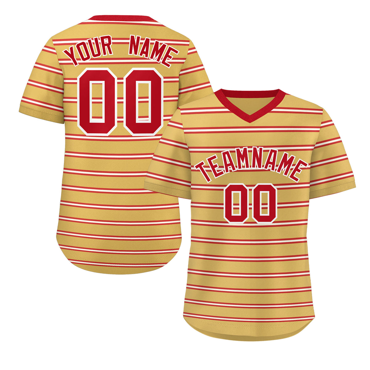 Custom Old Gold Red-White Personalized Horizontal Stripe Authentic Pullover Baseball Jersey