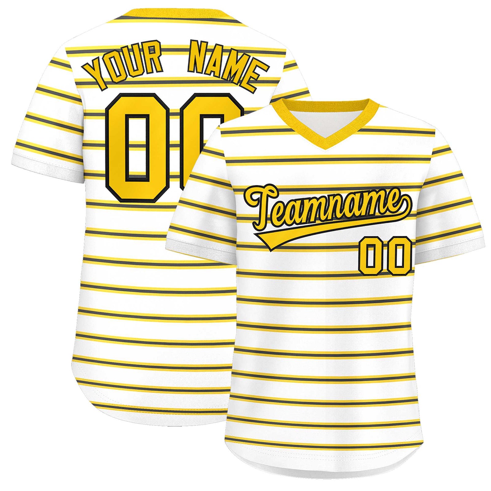 Custom White Gold-Black Personalized Horizontal Stripe Authentic Pullover Baseball Jersey