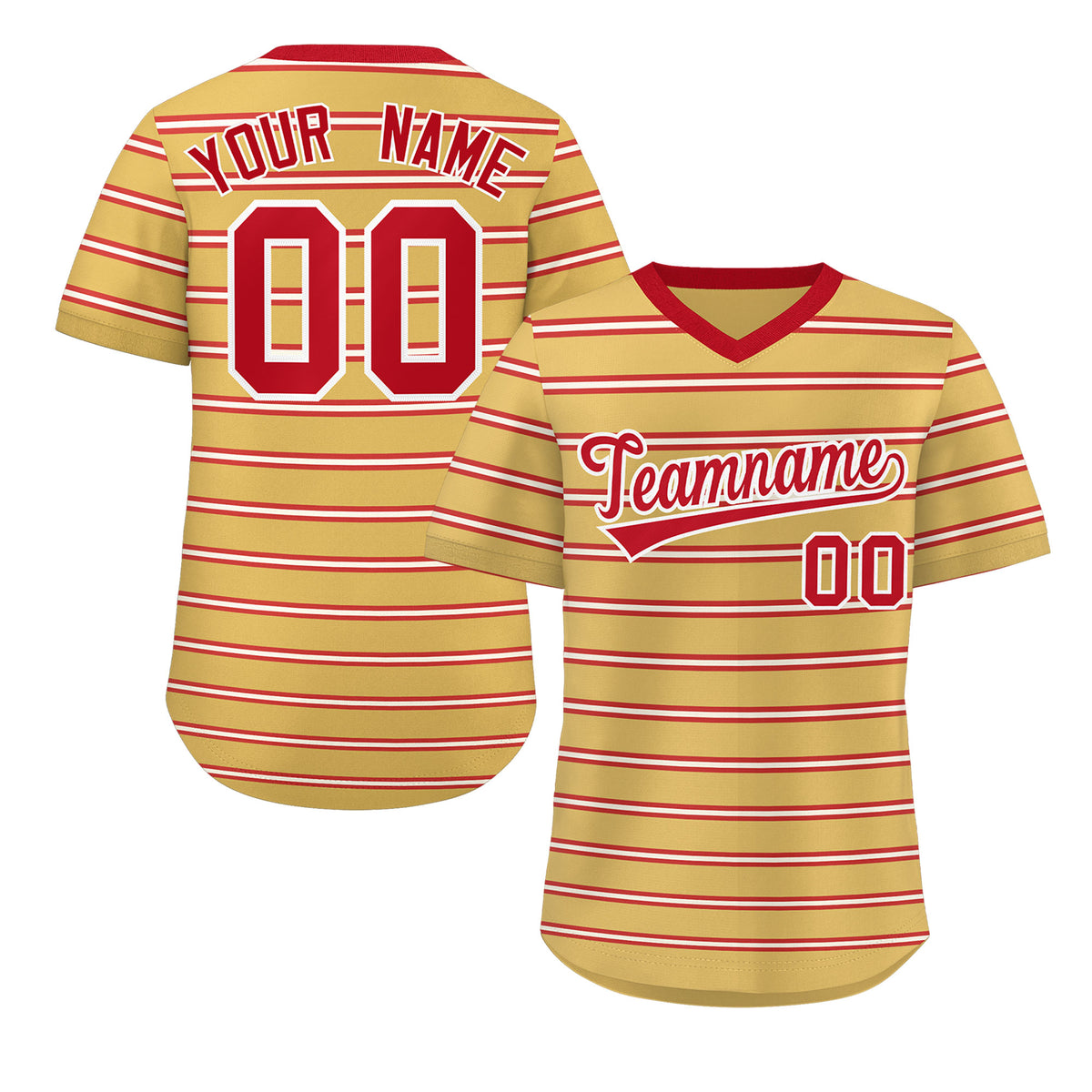 Custom Old Gold Red-White Personalized Horizontal Stripe Authentic Pullover Baseball Jersey