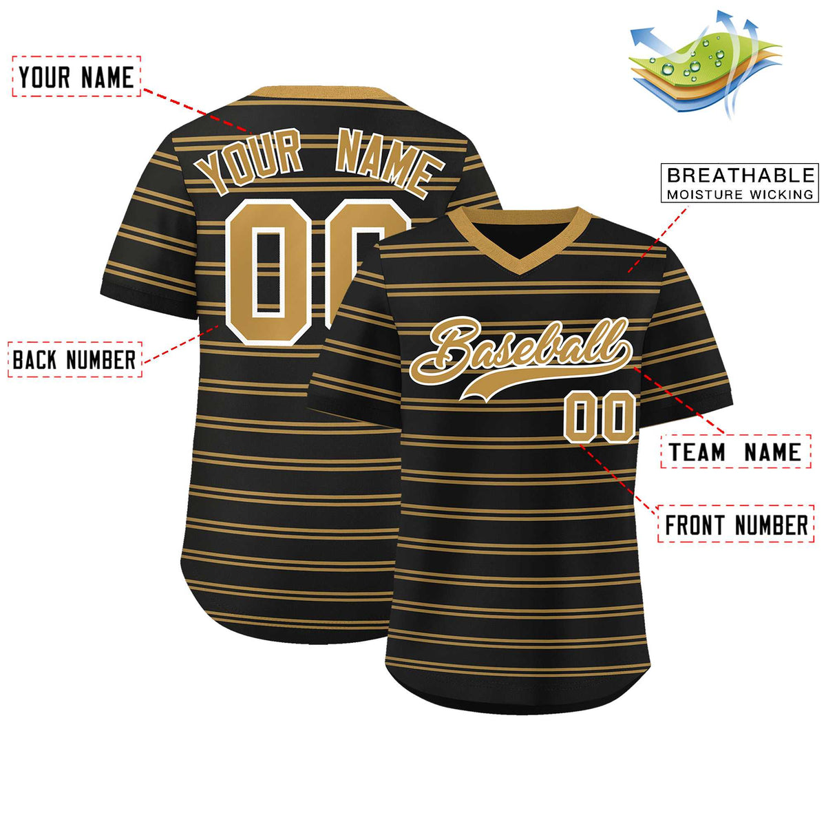 Custom Black Old Gold Personalized Horizontal Stripe Authentic Pullover Baseball Jersey