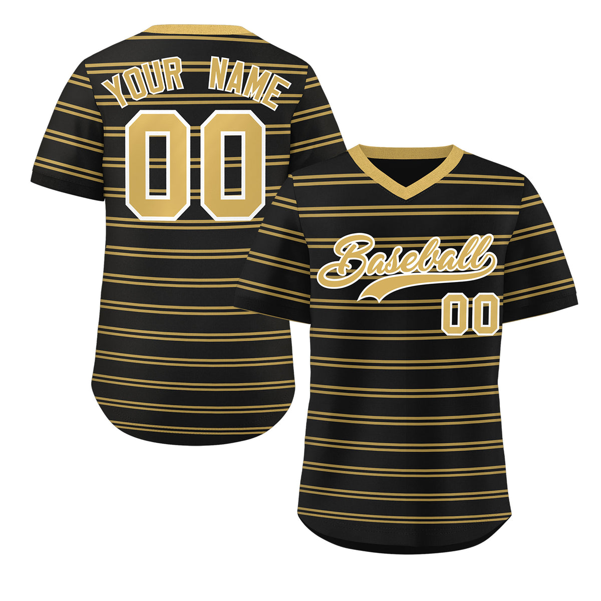 Custom Black Old Gold Personalized Horizontal Stripe Authentic Pullover Baseball Jersey