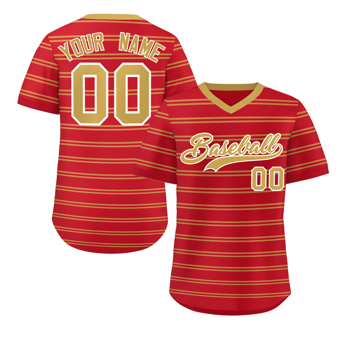 Custom Red Old Gold Personalized Horizontal Stripe Authentic Pullover Baseball Jersey