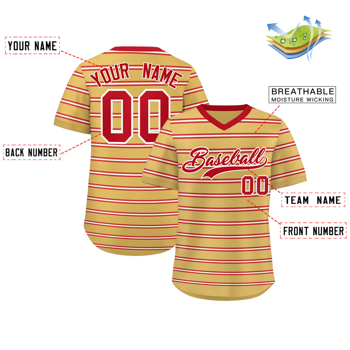Custom Old Gold Red-White Personalized Horizontal Stripe Authentic Pullover Baseball Jersey