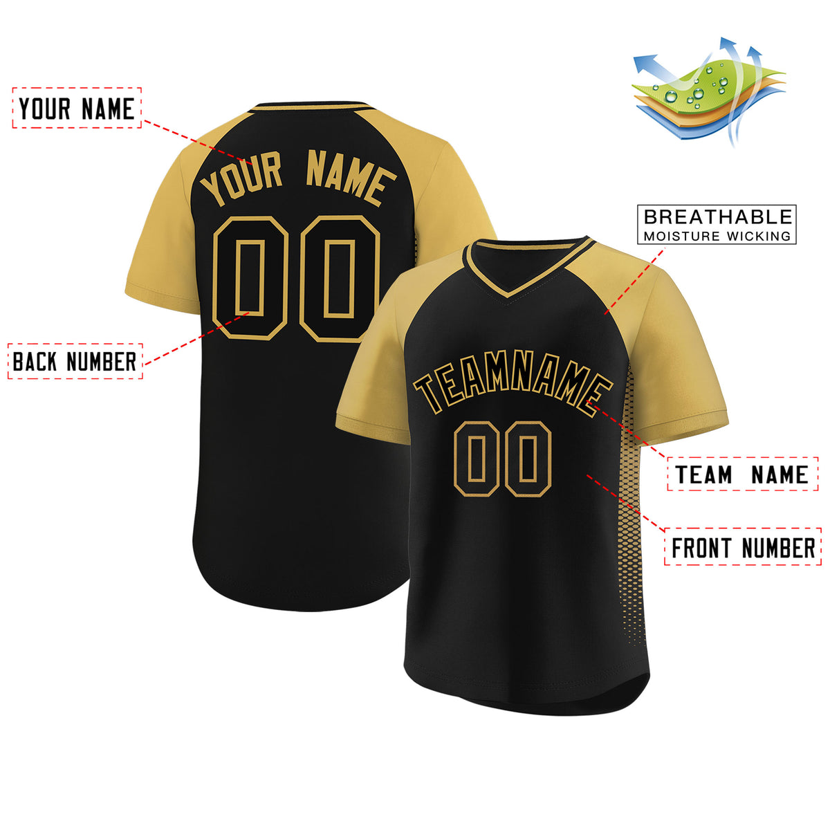Custom Black Old Gold Raglan Sleeves Side Spot Authentic Pullover Baseball Jersey