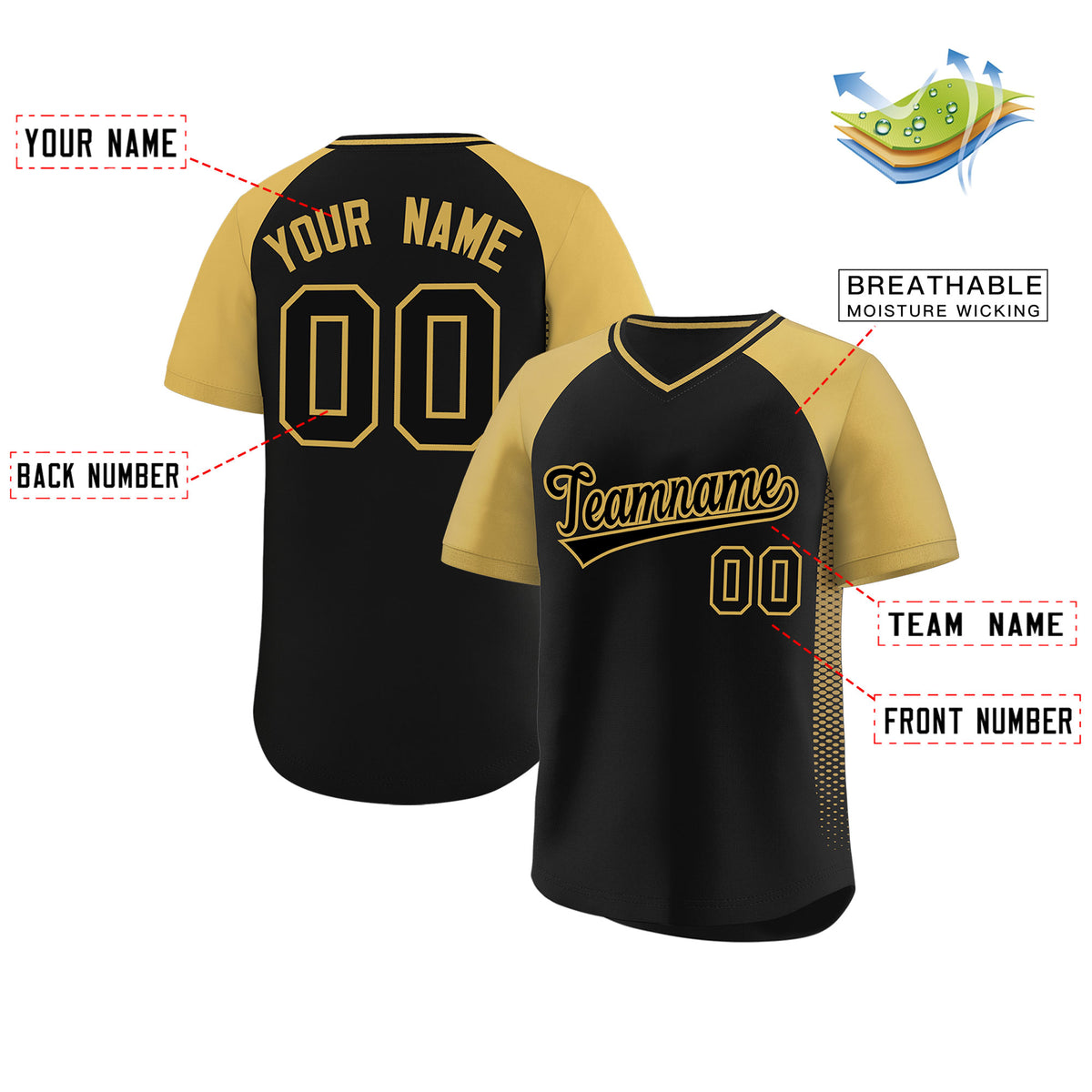 Custom Black Old Gold Raglan Sleeves Side Spot Authentic Pullover Baseball Jersey