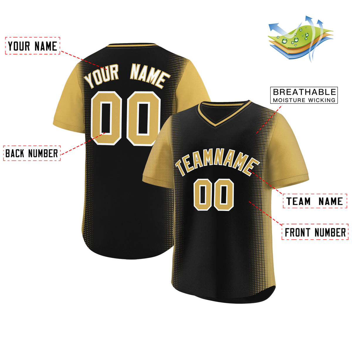 Custom Black Old Gold Personalized Raglan Sleeves Authentic Pullover Baseball Jersey