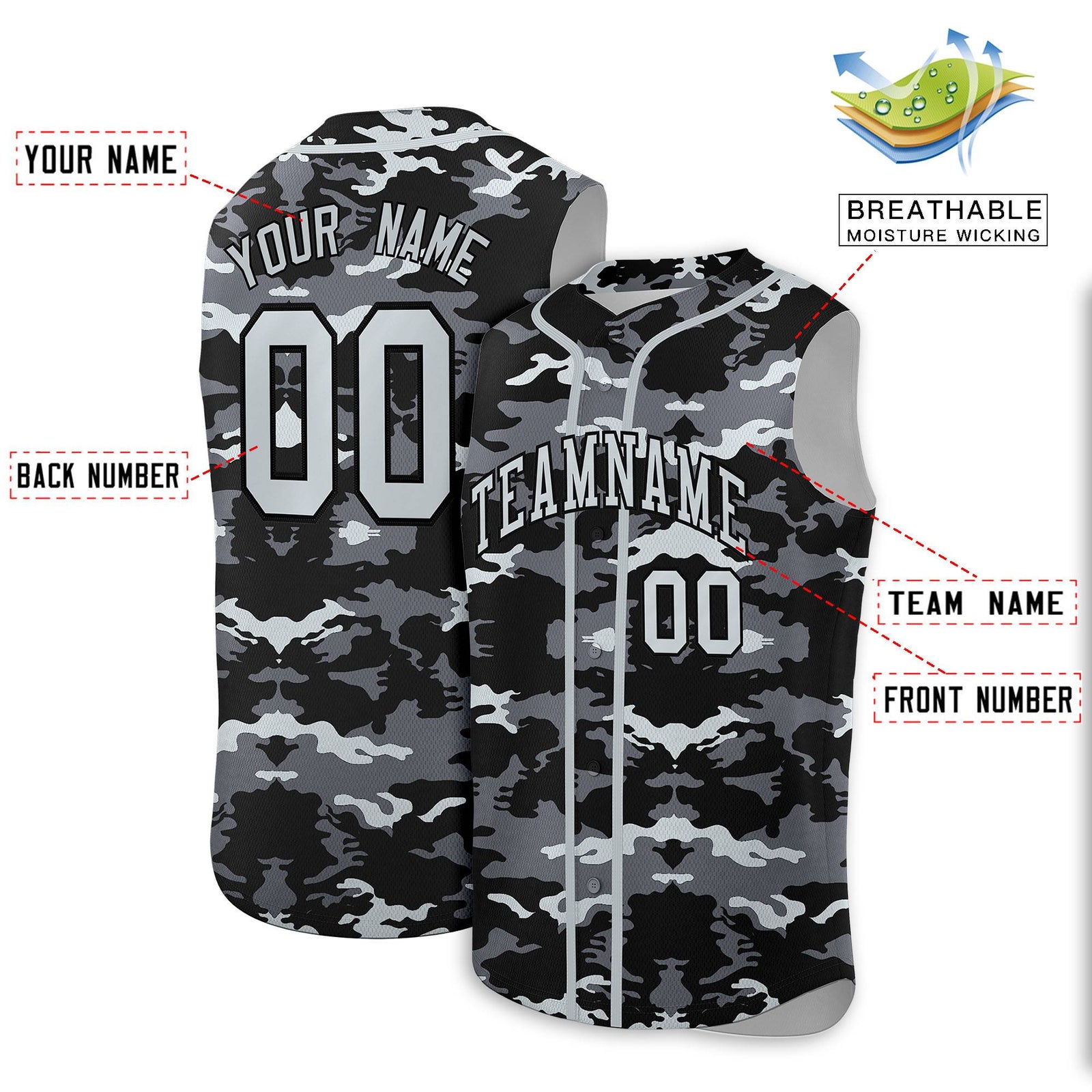 Custom Black Gray and Silver Camo Fashion Authentic Sleeveless Baseball Jersey