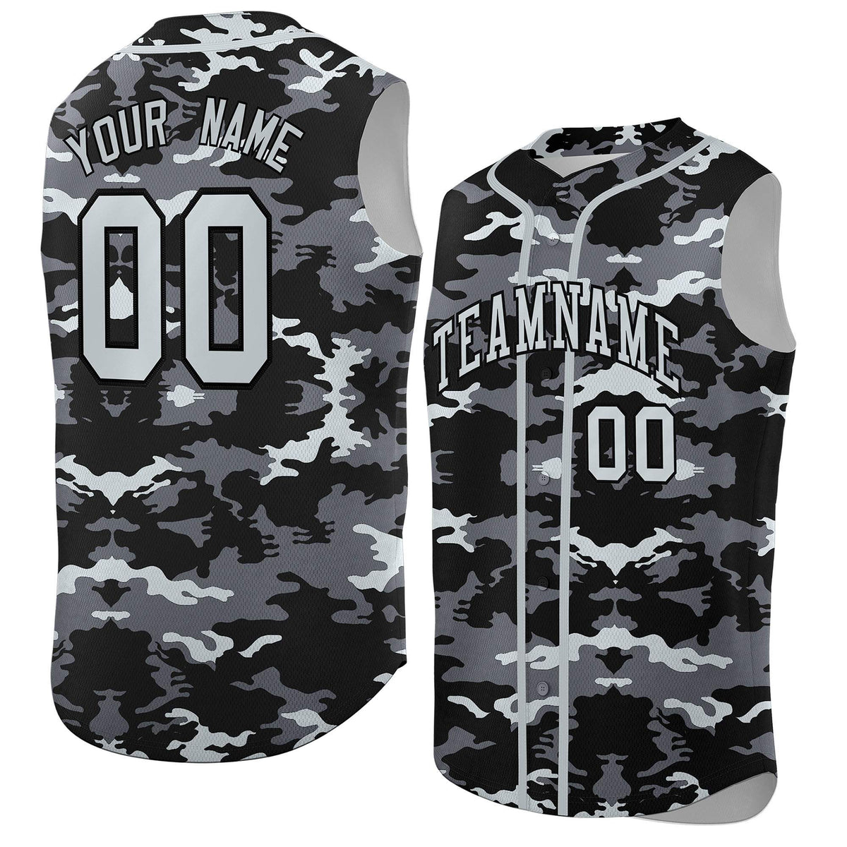 Custom Black Gray and Silver Camo Fashion Authentic Sleeveless Baseball Jersey