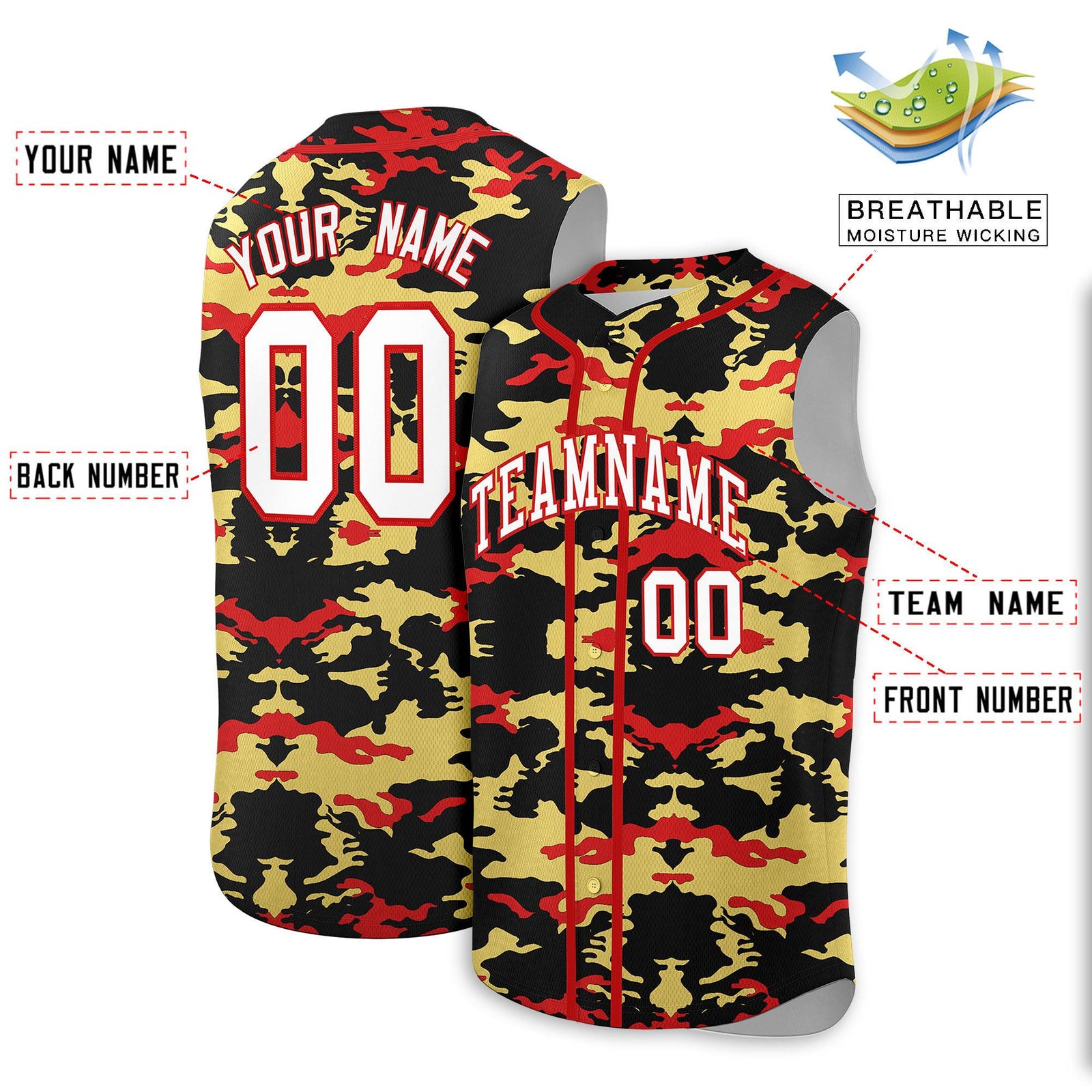 Custom Black Old Gold and Red Camo Fashion Authentic Sleeveless Baseball Jersey