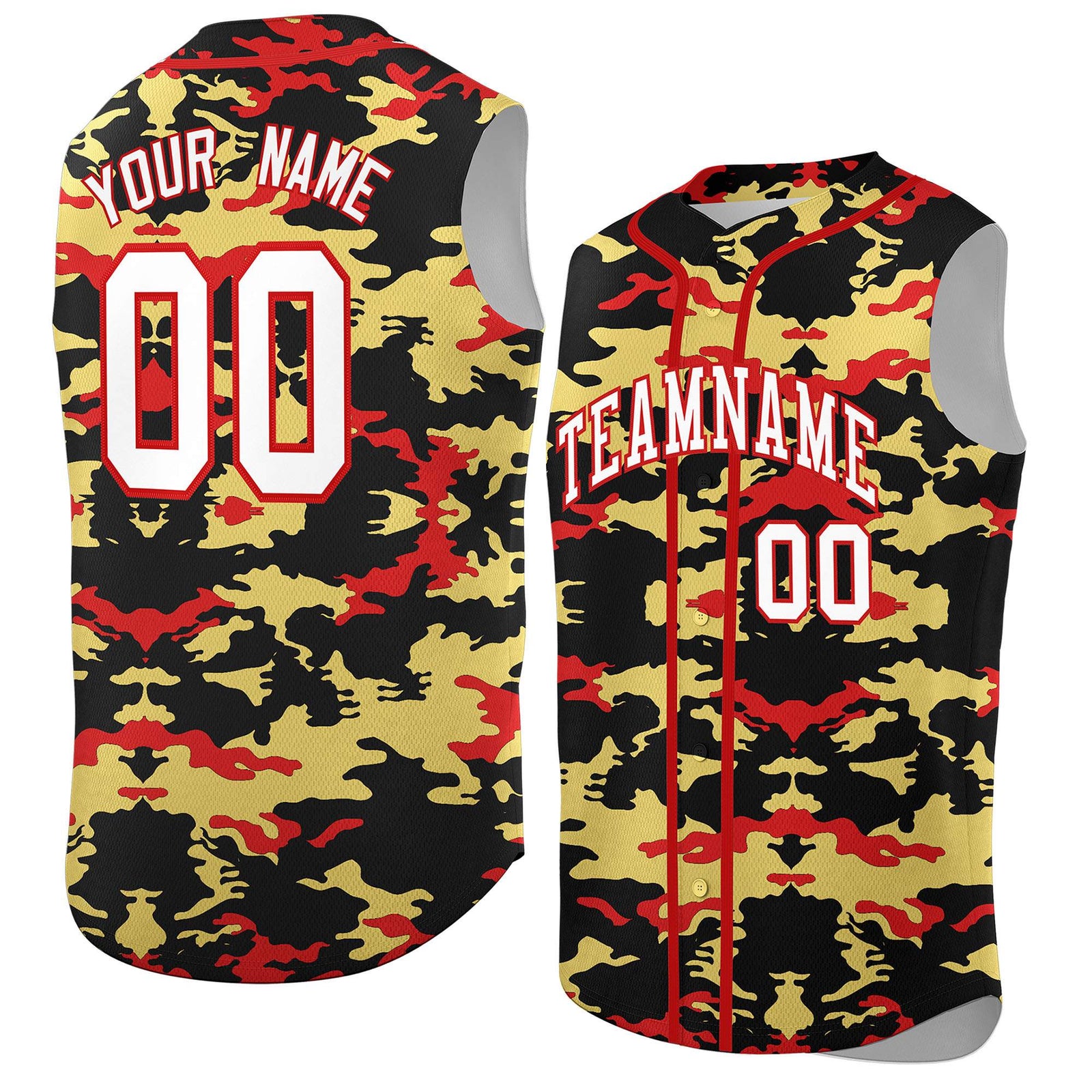 Custom Black Old Gold and Red Camo Fashion Authentic Sleeveless Baseball Jersey