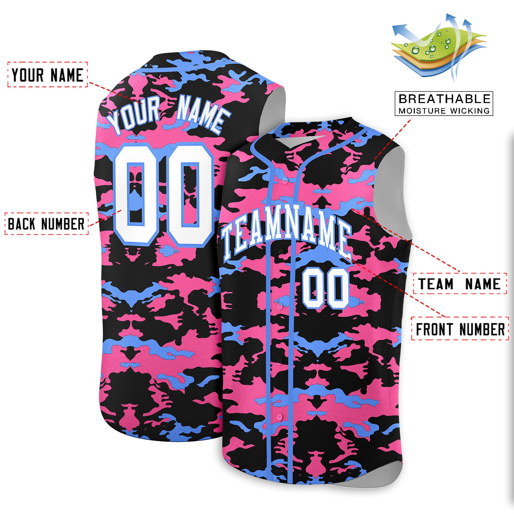 Custom Black Pink and Powder Blue Camo Fashion Authentic Sleeveless Baseball Jersey
