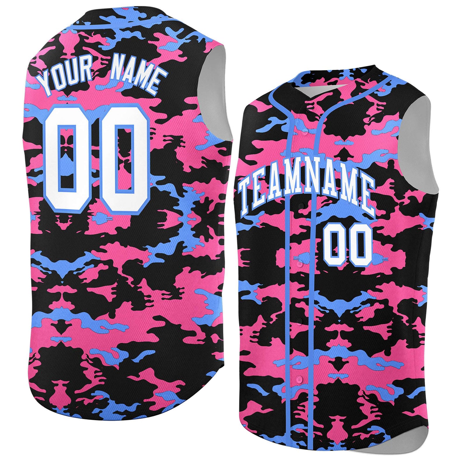 Custom Black Pink and Powder Blue Camo Fashion Authentic Sleeveless Baseball Jersey