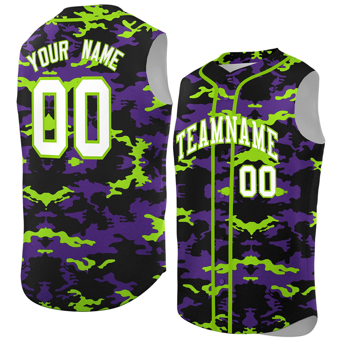 Custom Black Purple and Neon Green Camo Fashion Authentic Sleeveless Baseball Jersey