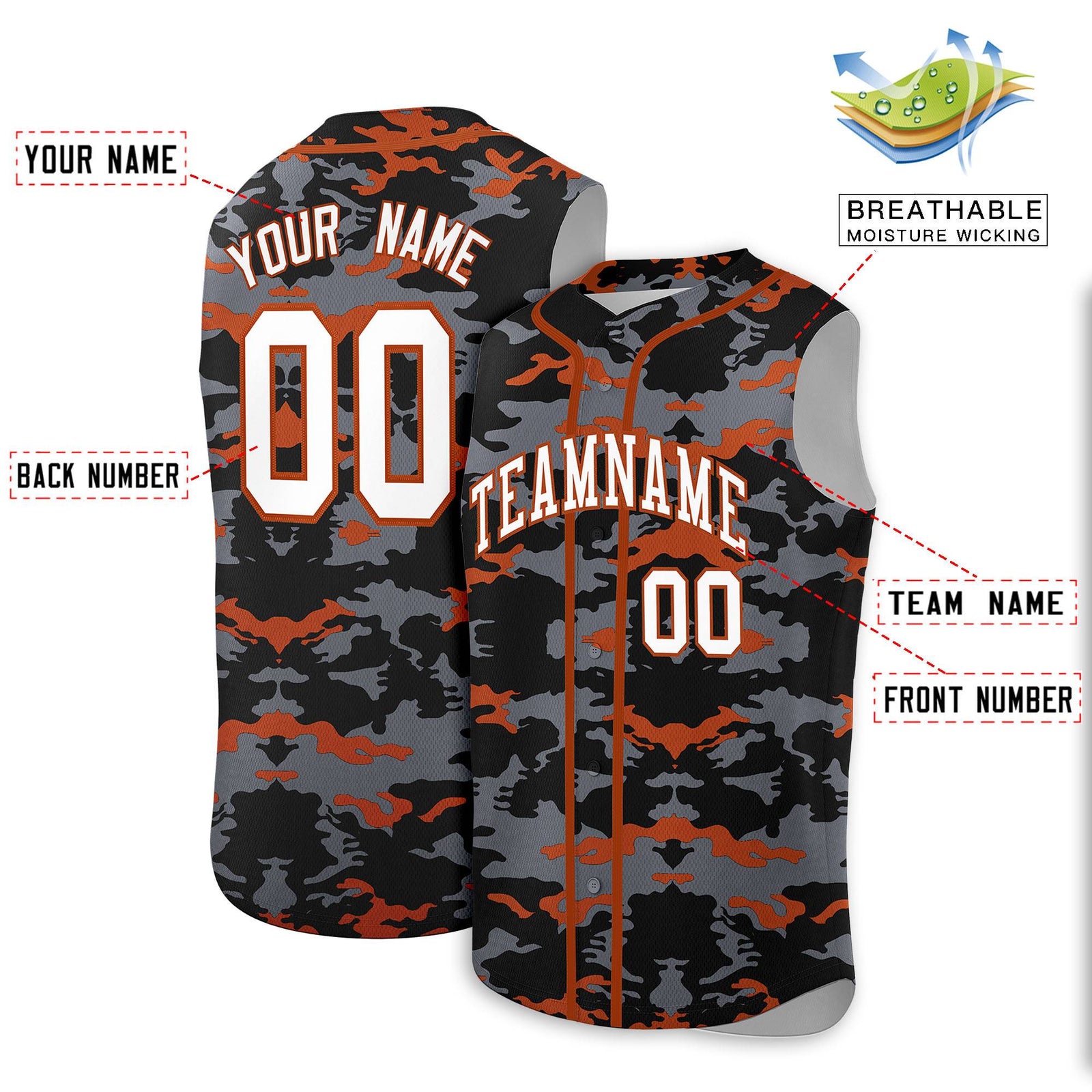 Custom Black Gray and Texas Orange Camo Fashion Authentic Sleeveless Baseball Jersey