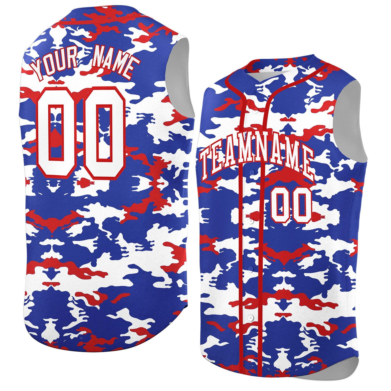 Custom Royal White and Red Camo Fashion Authentic Sleeveless Baseball Jersey