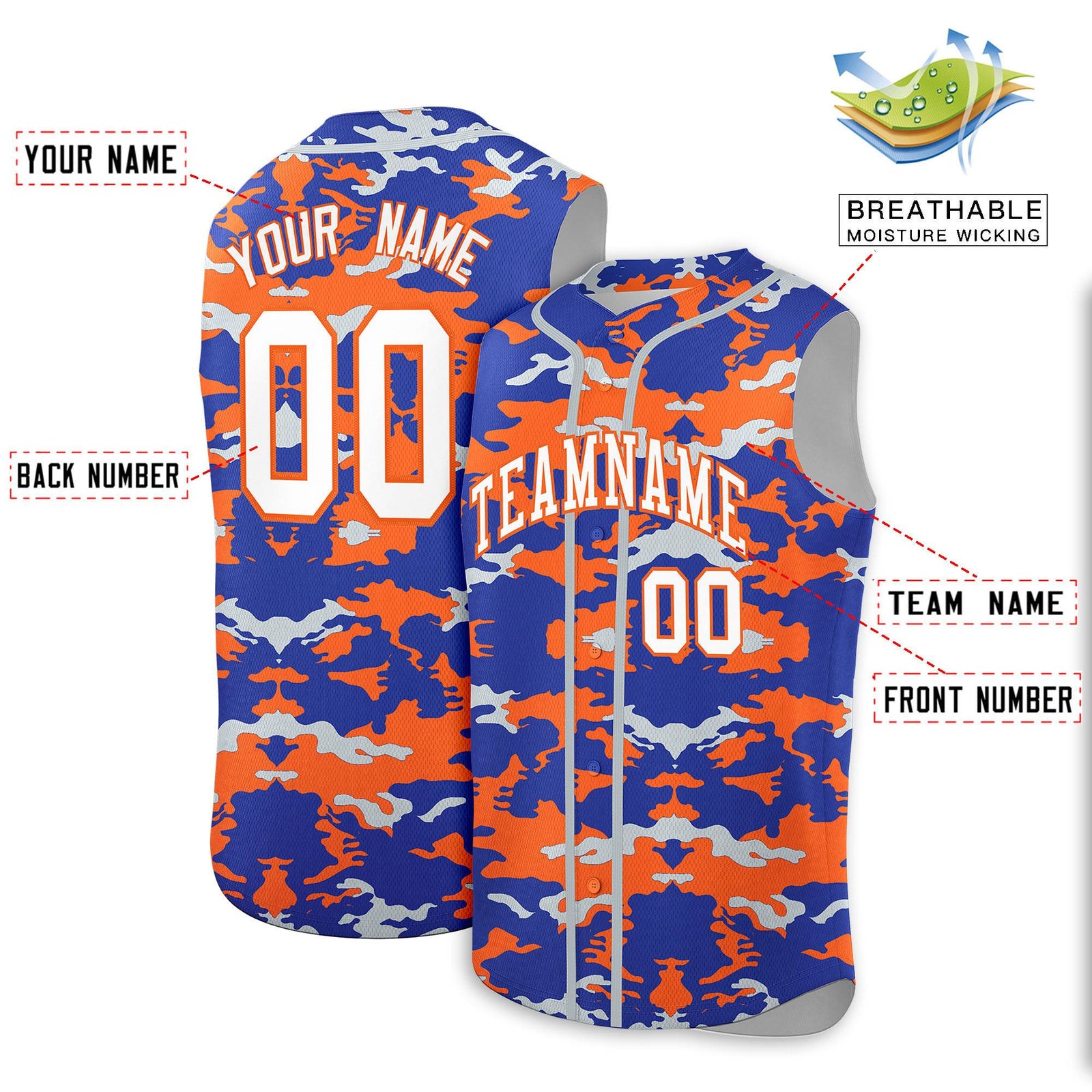 Custom Royal Orange and Silver Camo Fashion Authentic Sleeveless Baseball Jersey