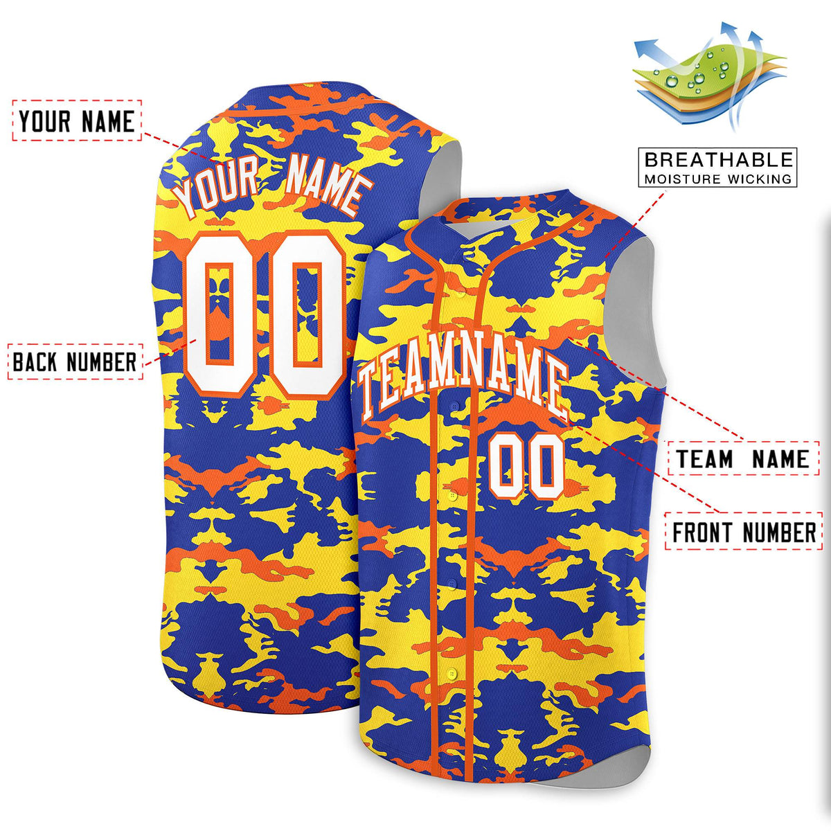 Custom Royal Gold and Orange Camo Fashion Authentic Sleeveless Baseball Jersey