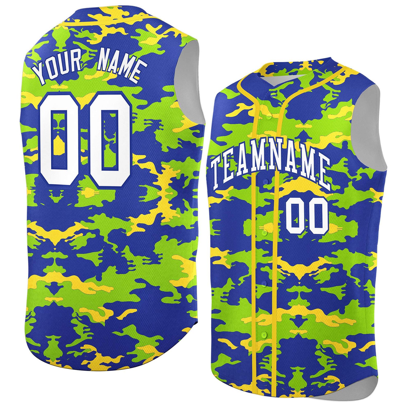 Custom Royal Neon Green and Gold Camo Fashion Authentic Sleeveless Baseball Jersey