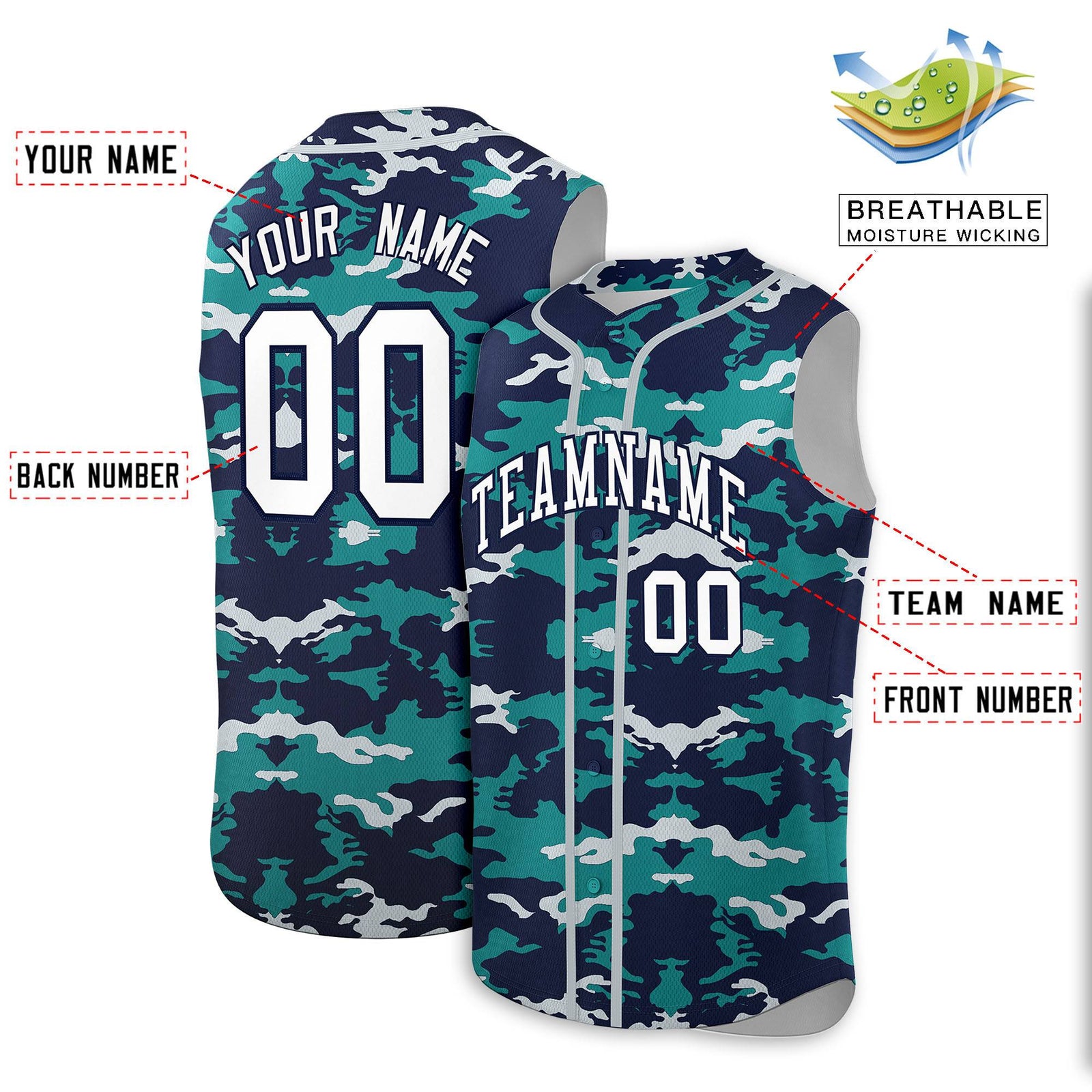 Custom Navy Aqua and Silver Camo Fashion Authentic Sleeveless Baseball Jersey