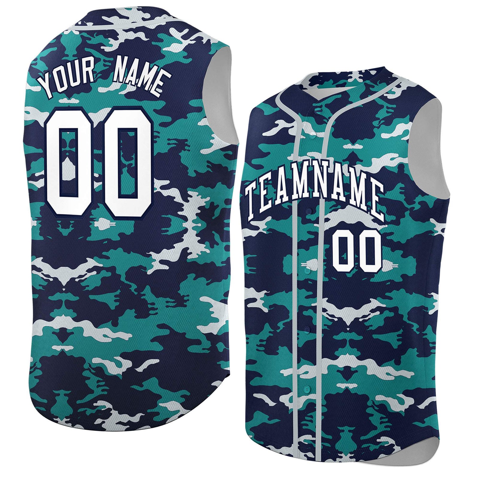 Custom Navy Aqua and Silver Camo Fashion Authentic Sleeveless Baseball Jersey